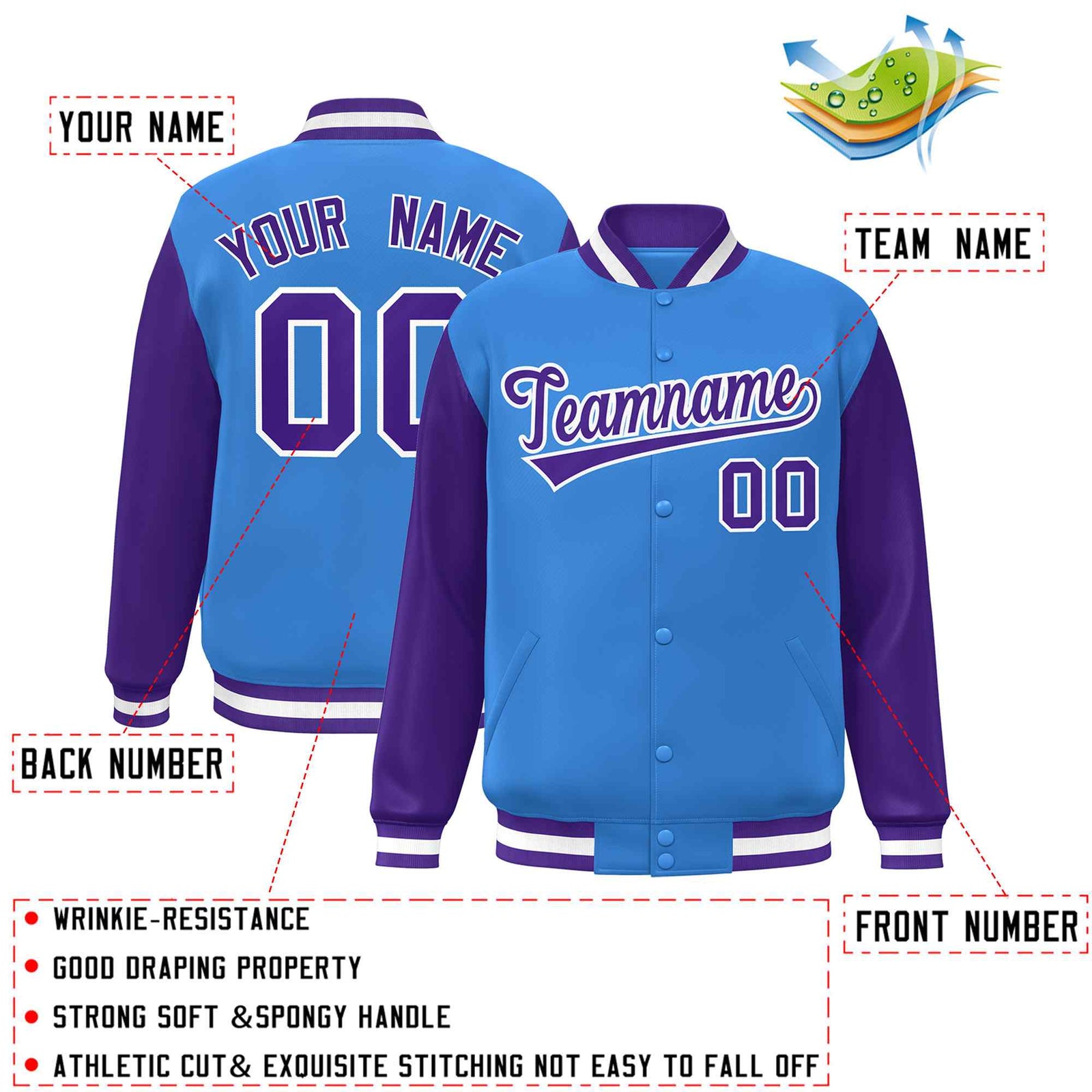 Custom Powder Blue Purple-White Raglan Sleeves Varsity Full-Snap Letterman Jacket