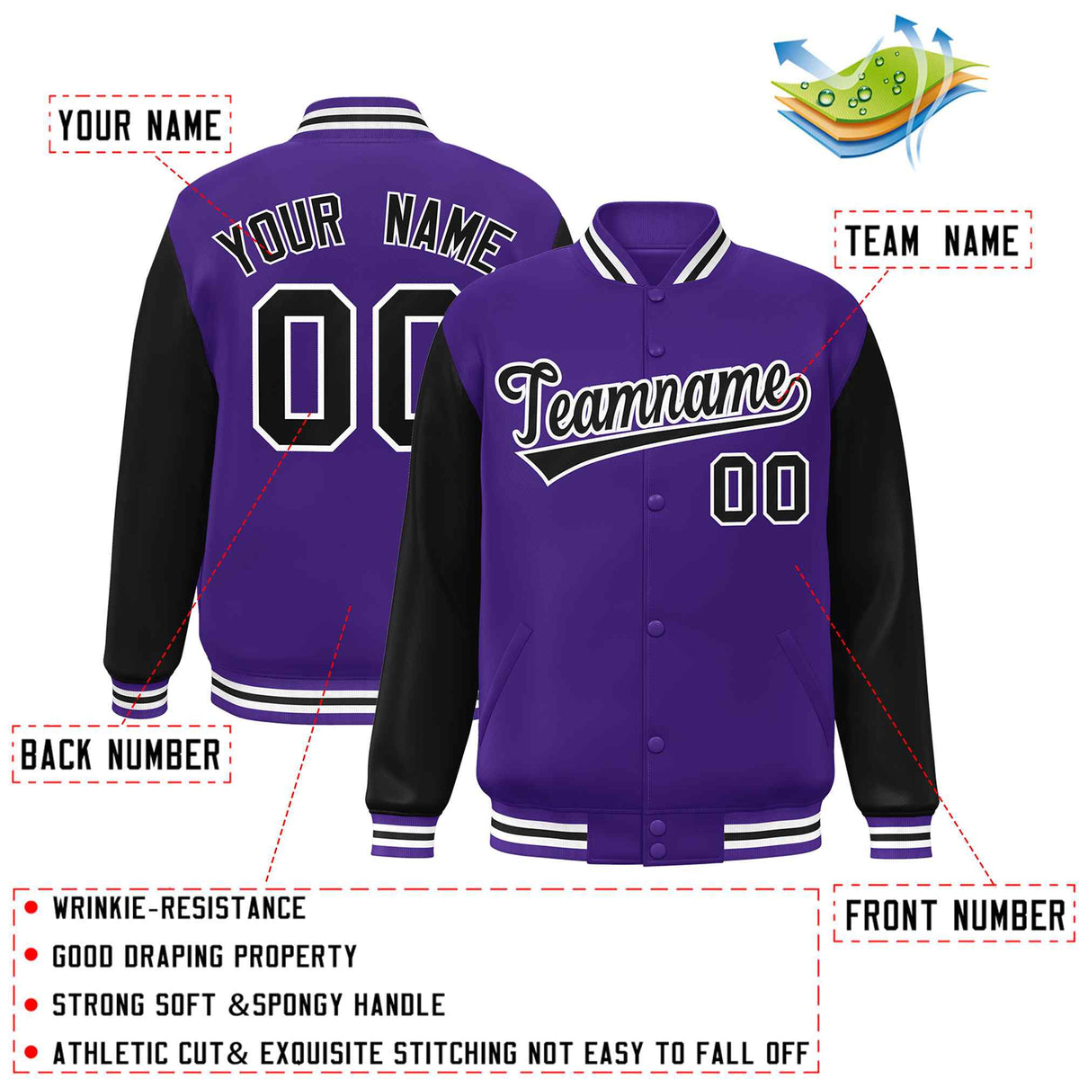 Custom Purple Black-White Raglan Sleeves Varsity Full-Snap Letterman Jacket