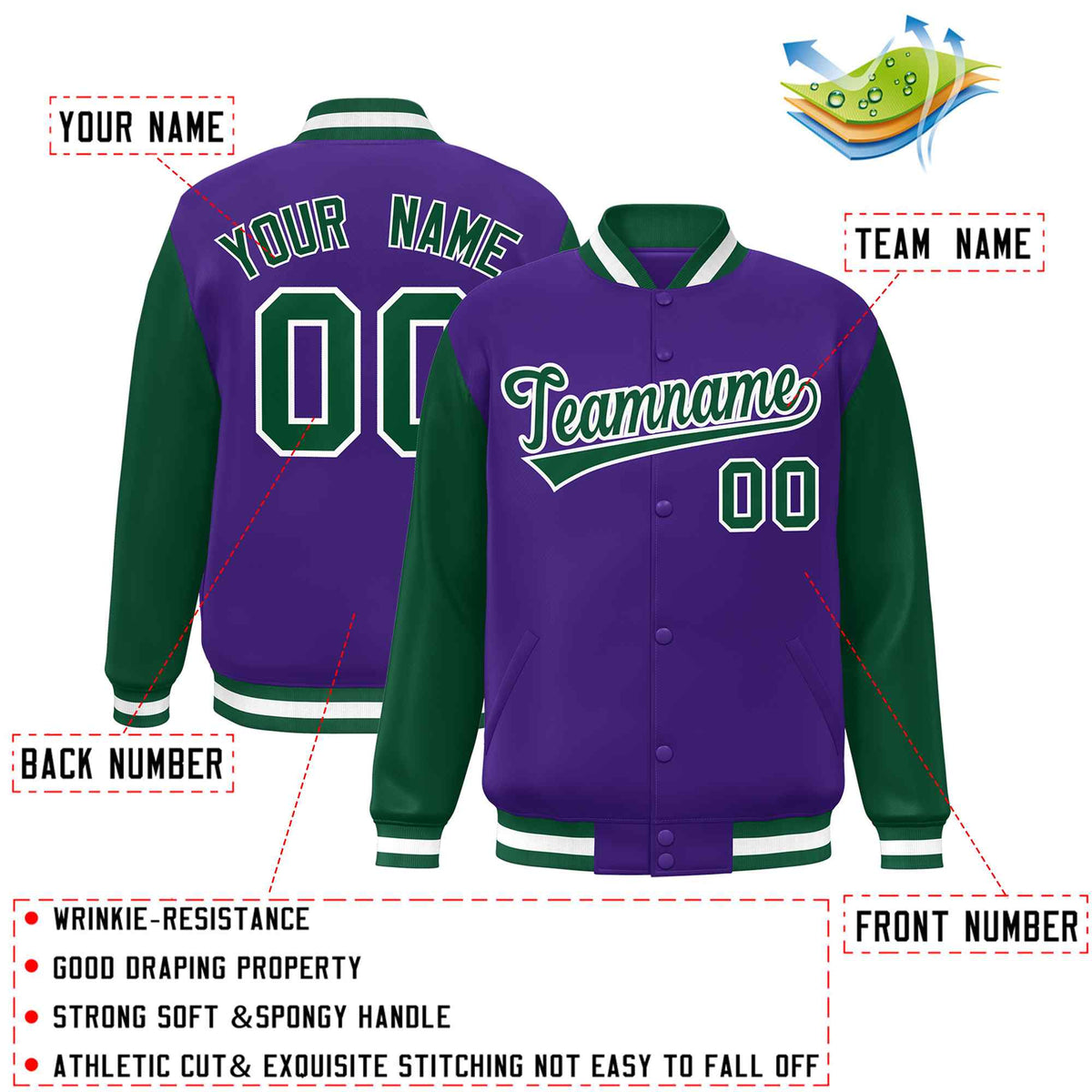 Custom Purple Green-White Raglan Sleeves Varsity Full-Snap Letterman Jacket
