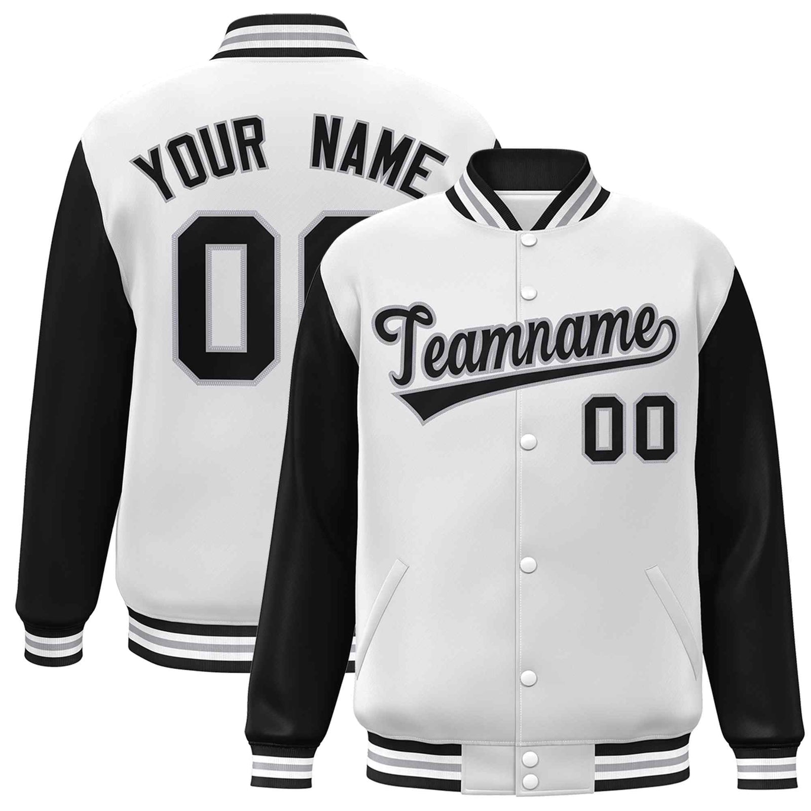 Custom White Black-Gray Raglan Sleeves Varsity Full-Snap Letterman Jacket