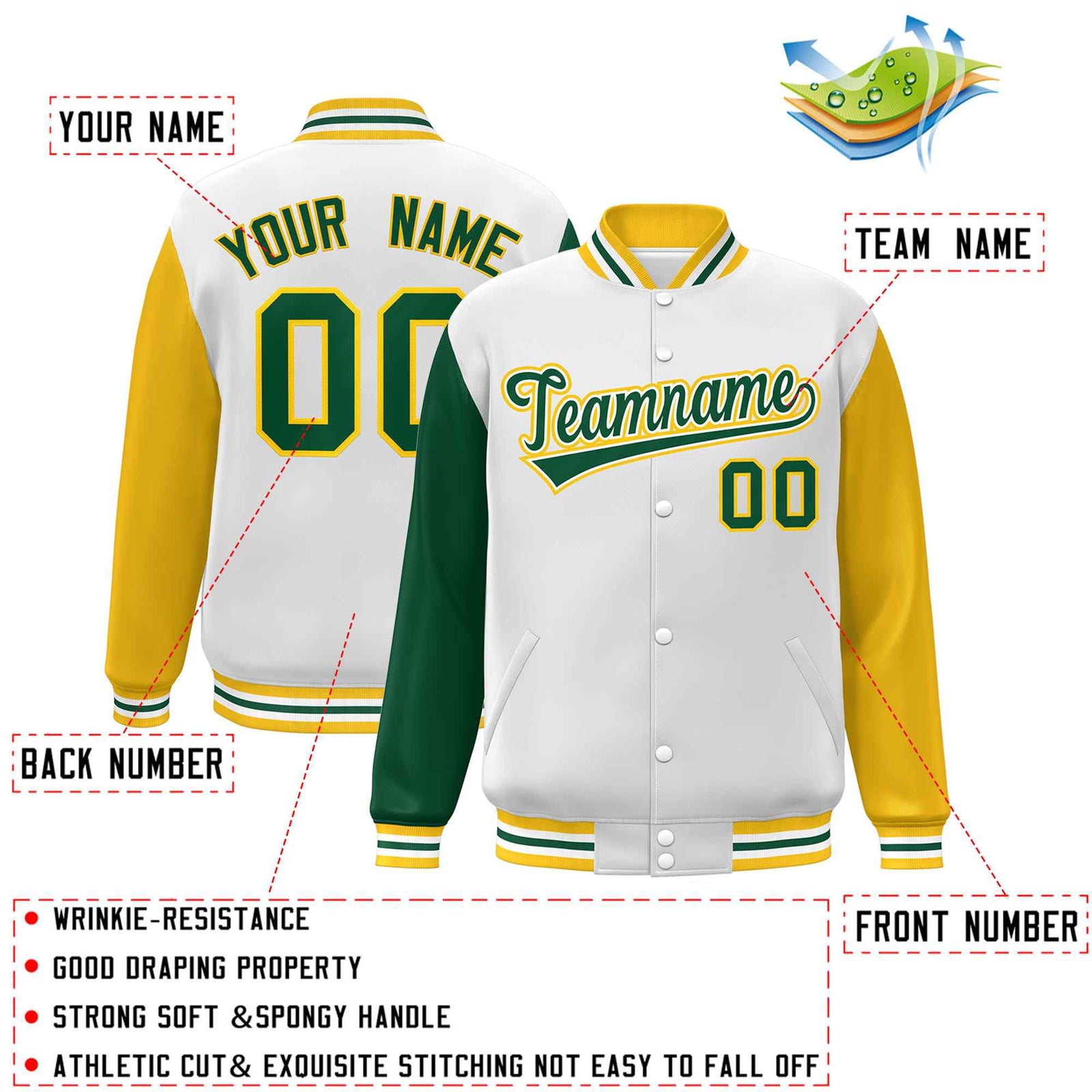 Custom White Green-White Raglan Sleeves Varsity Full-Snap Letterman Jacket