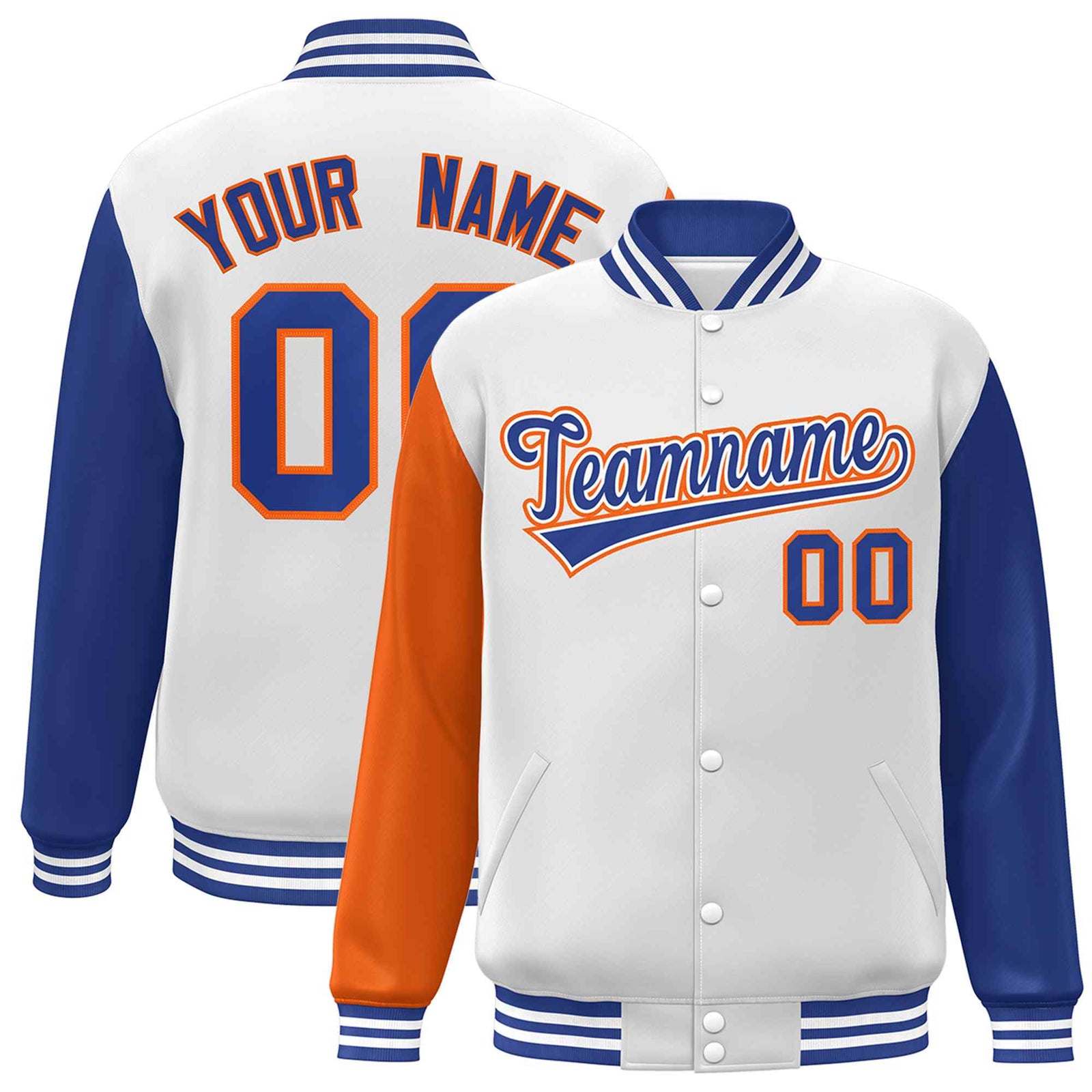 Custom White Royal-Orange Raglan Sleeves Varsity Full-Snap Letterman Jacket