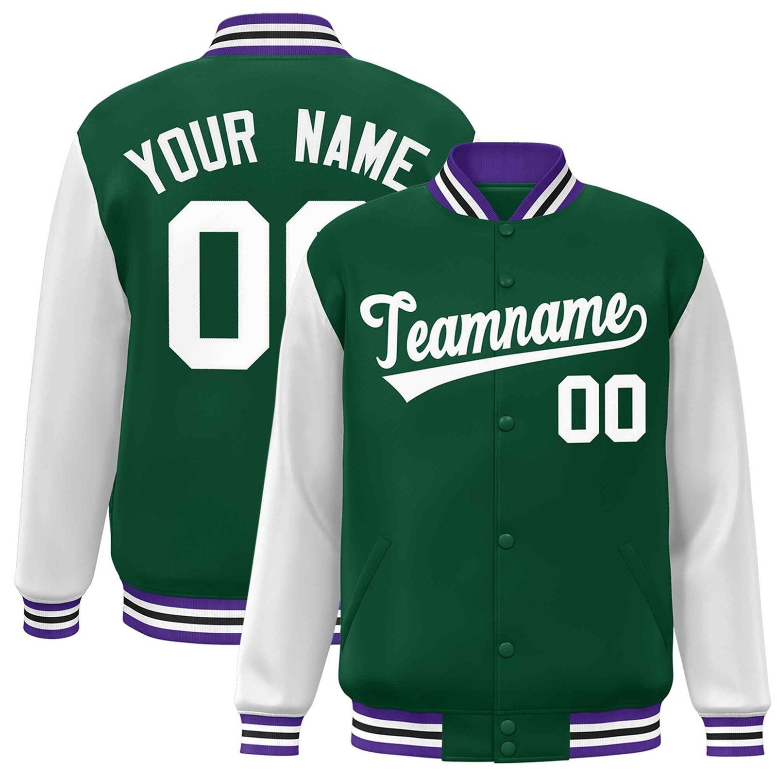 green and white long sleeve varsity full-snap baseball jacket