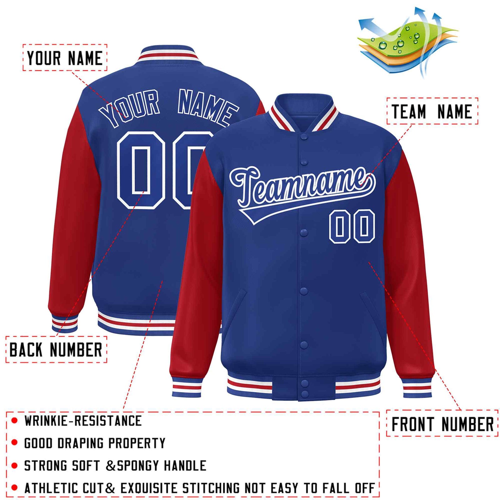 Custom Royal Royal-White Raglan Sleeves Varsity Full-Snap Letterman Jacket