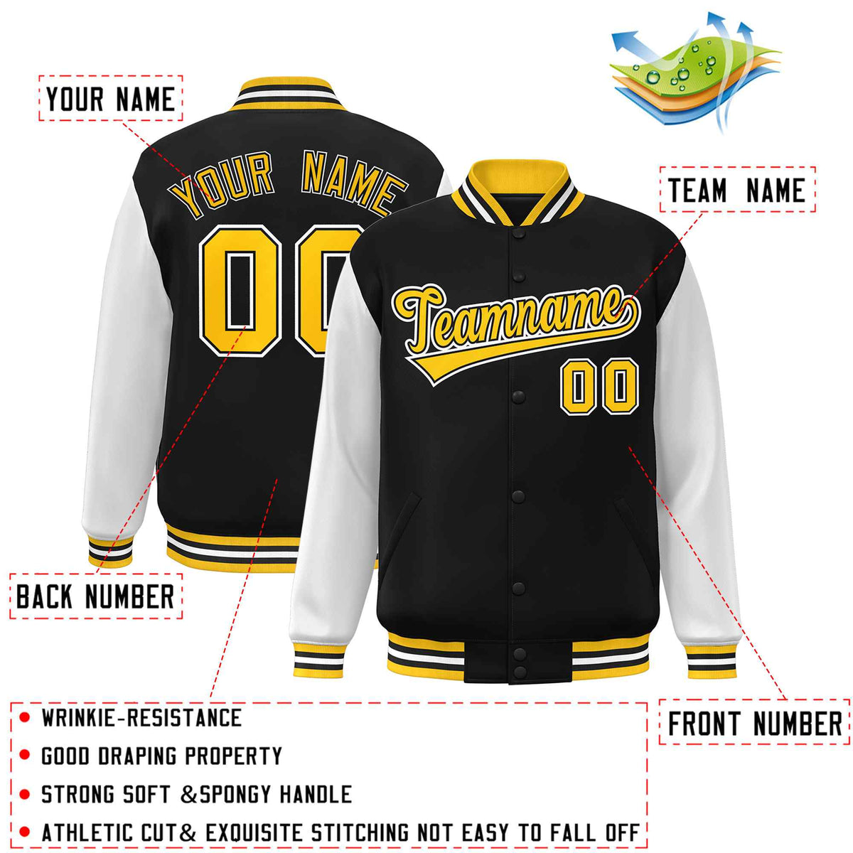 Custom Black Gold-Black Raglan Sleeves Varsity Full-Snap Letterman Jacket