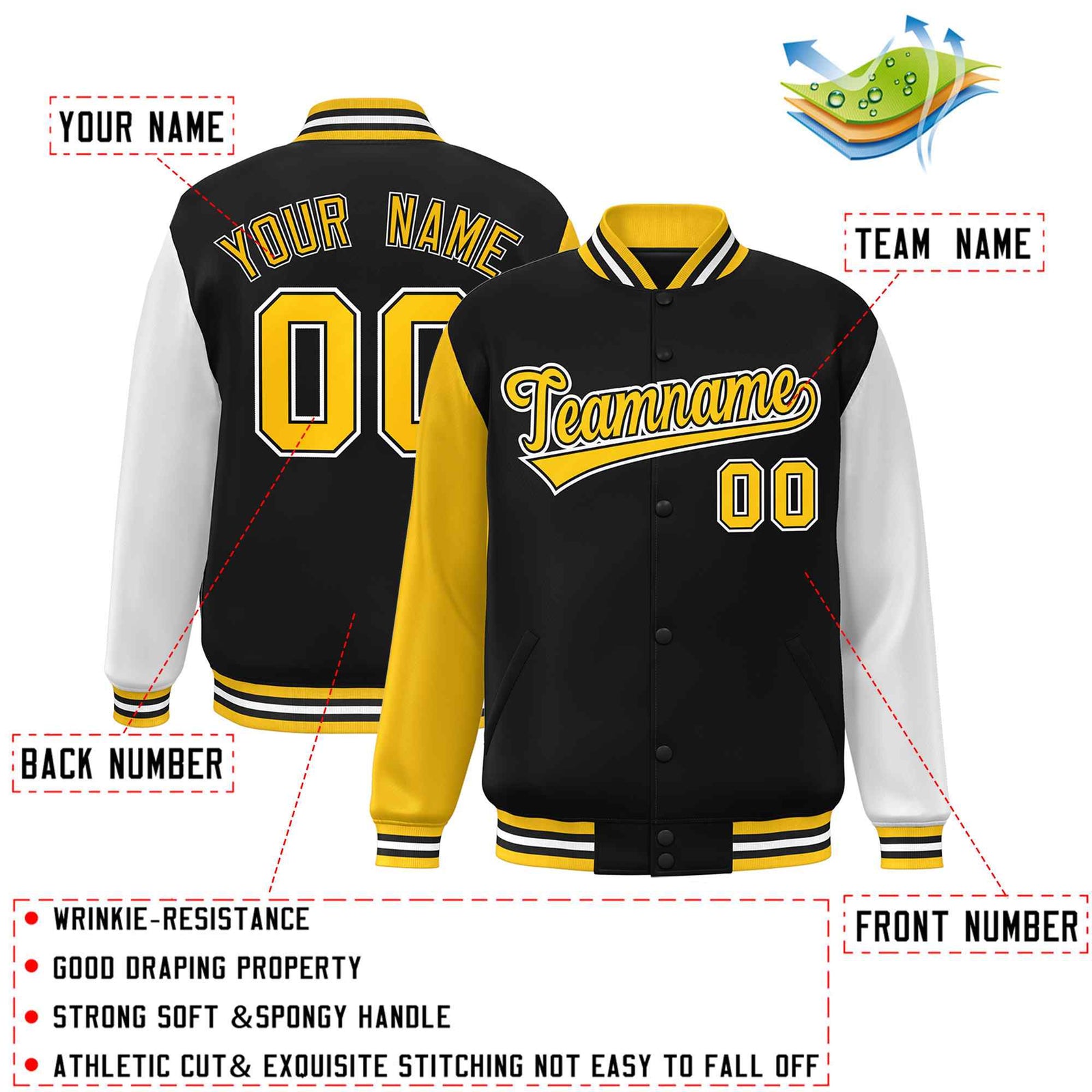 Custom Black Gold-Black Raglan Sleeves Varsity Full-Snap Letterman Jacket
