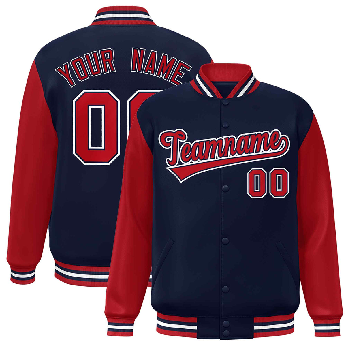 Custom Navy Red-Navy Raglan Sleeves Varsity Full-Snap Letterman Jacket
