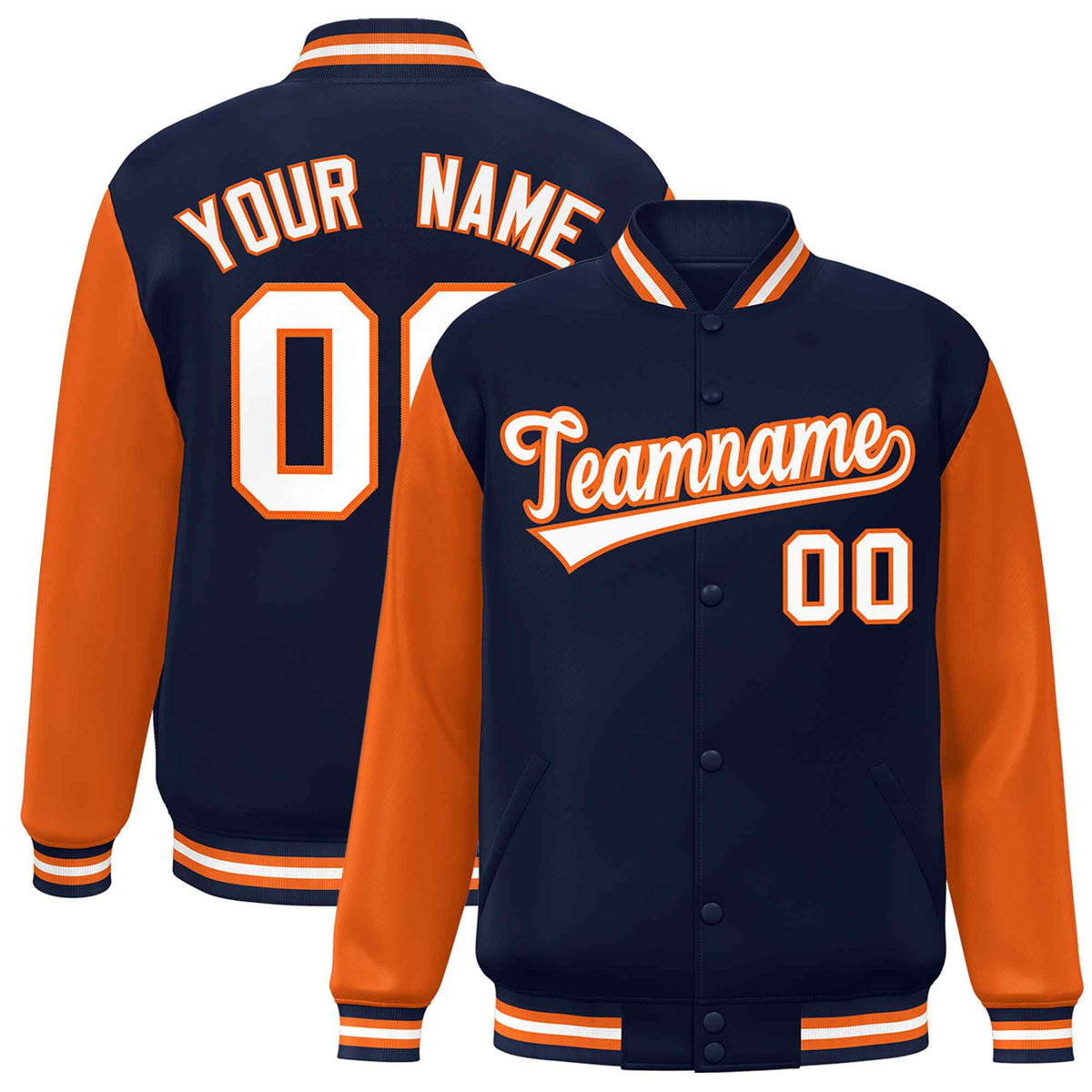 Custom Navy White-Orange Raglan Sleeves Varsity Full-Snap Letterman Jacket