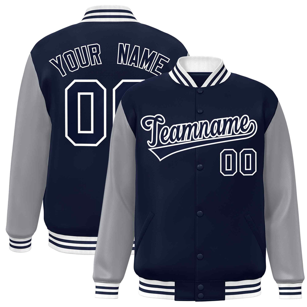 Custom Navy Navy-White Raglan Sleeves Varsity Full-Snap Letterman Jacket