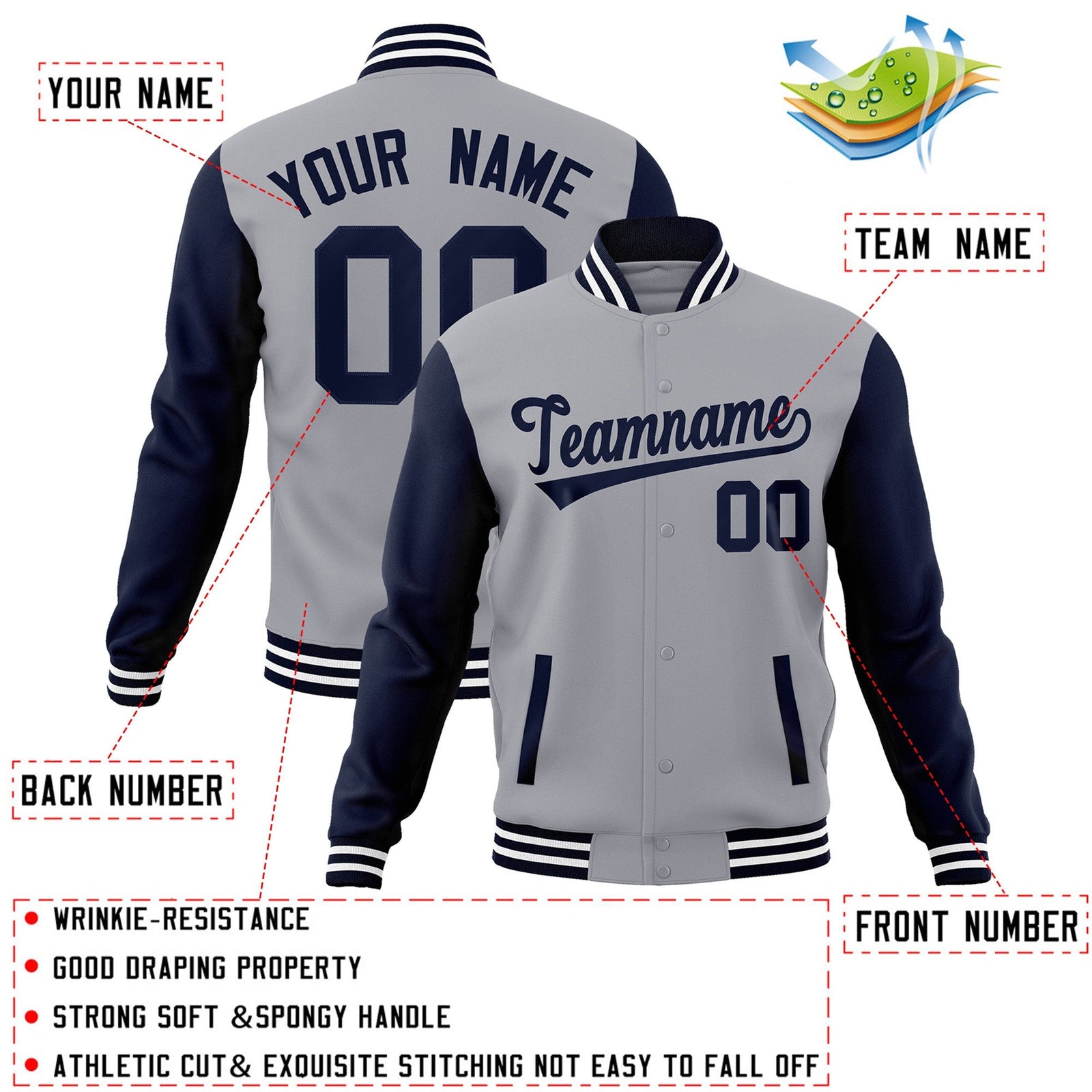 Custom Gray Navy Raglan Sleeves Varsity Full-Snap Letterman Jacket