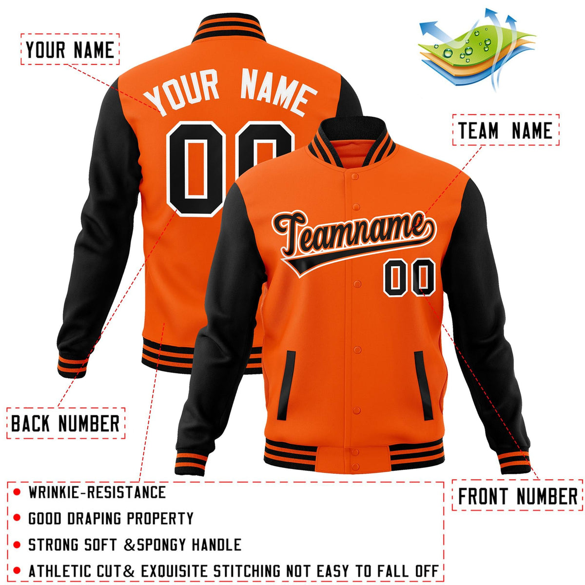 Custom Orange Black-Orange Raglan Sleeves Varsity Full-Snap Letterman Jacket
