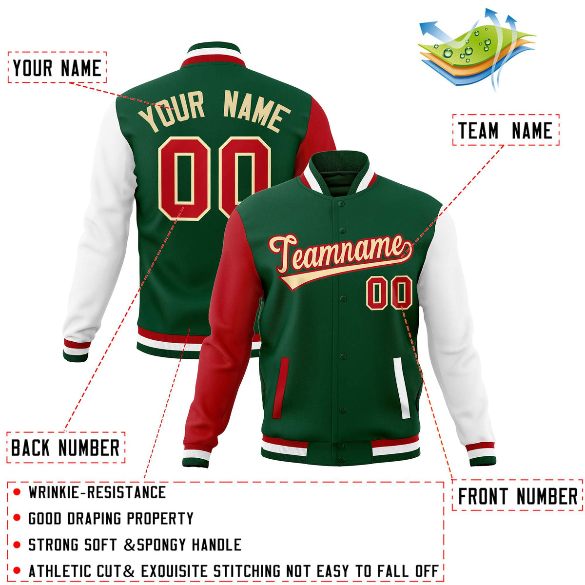 Custom Green Khaki-Red Raglan Sleeves Varsity Full-Snap Letterman Jacket