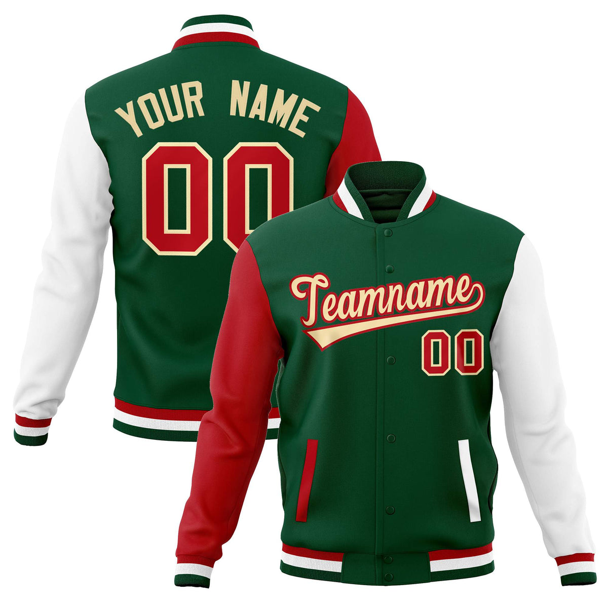 Custom Green Khaki-Red Raglan Sleeves Varsity Full-Snap Letterman Jacket