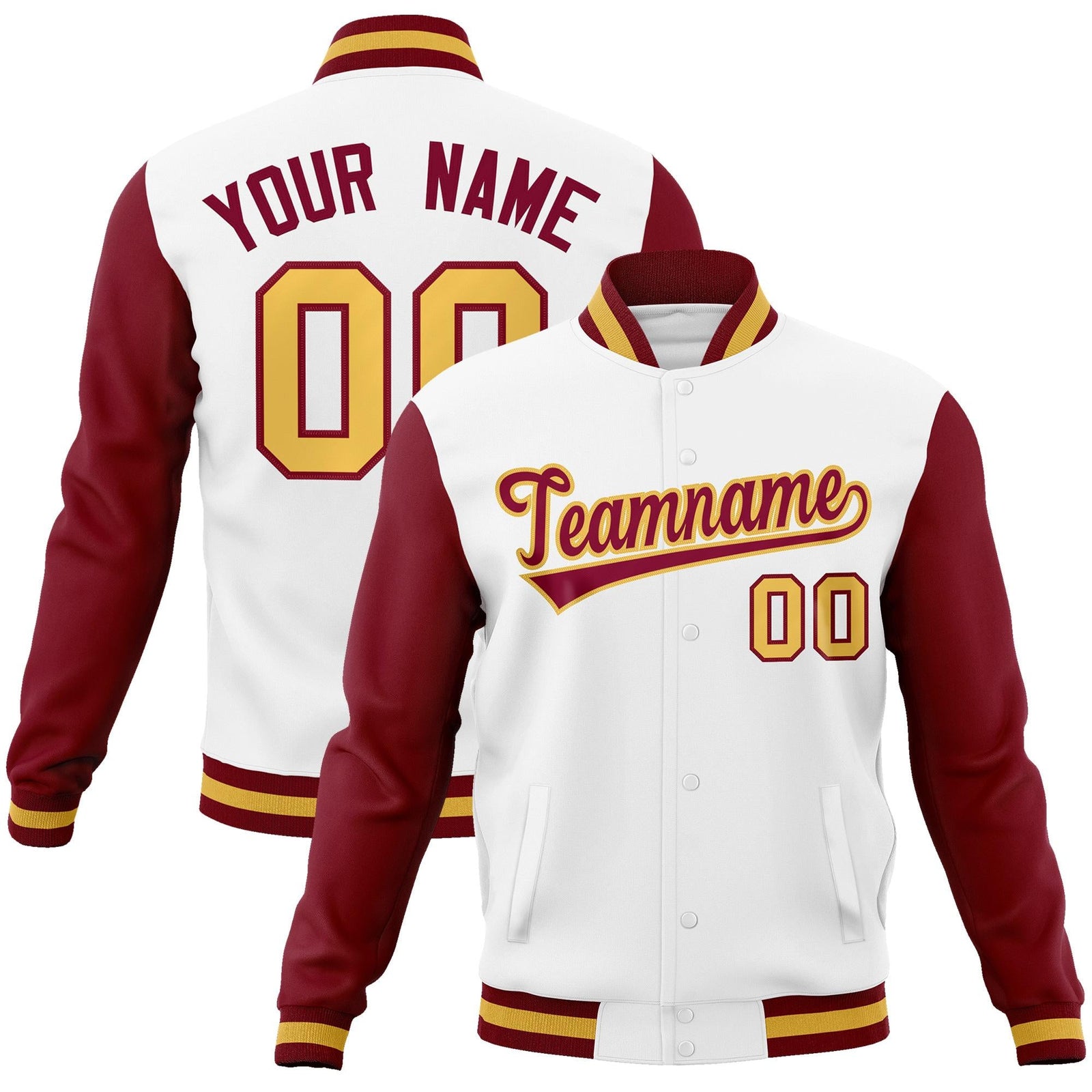Custom White Crimson-Khaki Raglan Sleeves Varsity Full-Snap Letterman Jacket