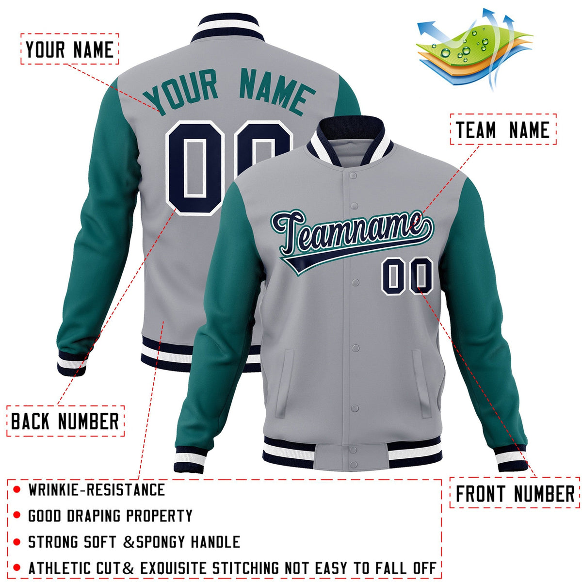 Custom Gray Navy-White Raglan Sleeves Varsity Full-Snap Letterman Jacket