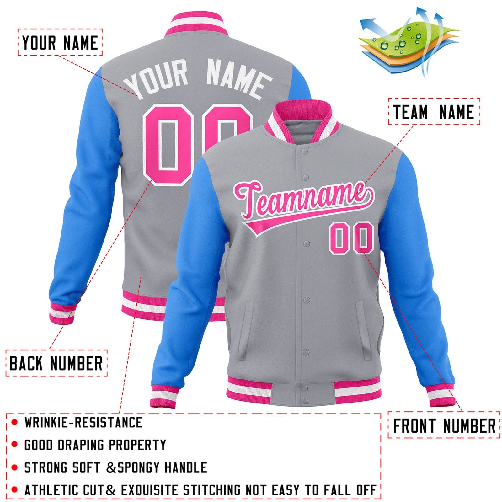 Custom Gray Pink-White Raglan Sleeves Varsity Full-Snap Letterman Jacket
