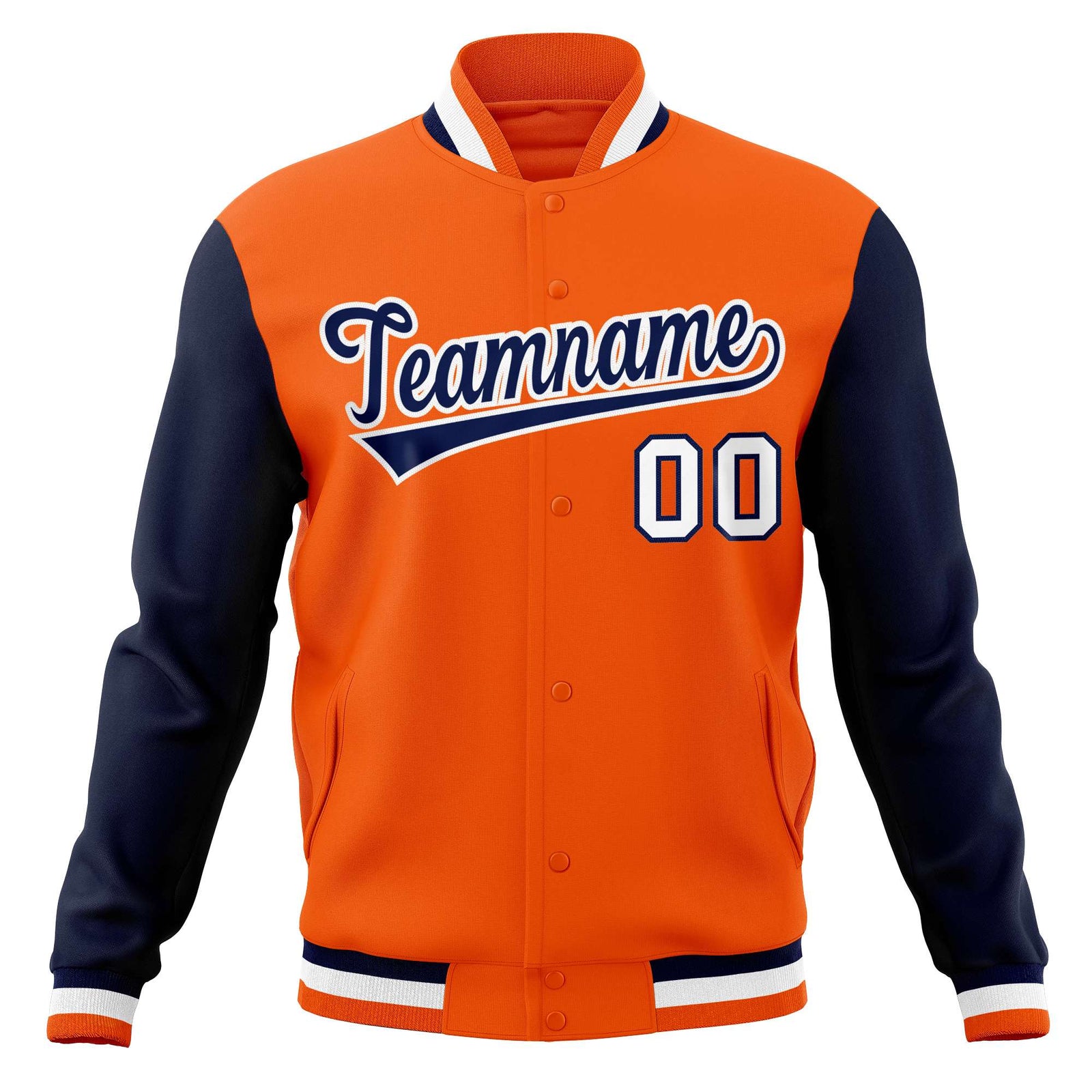 Custom Orange Navy-White Varsity Full-Snap Raglan Sleeves Letterman Baseball Jacket