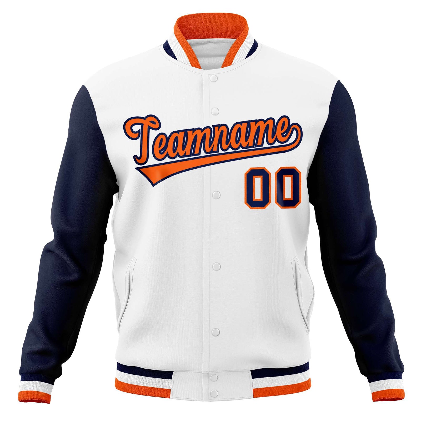 Custom White Orange-Navy Varsity Full-Snap Raglan Sleeves Letterman Baseball Jacket