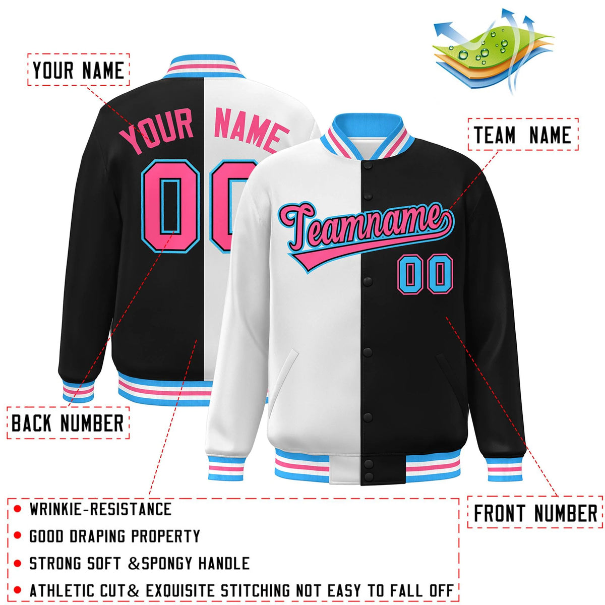 Custom Black White-Pink Letterman Two Tone Split Fashion Varsity Full-Snap Jacket