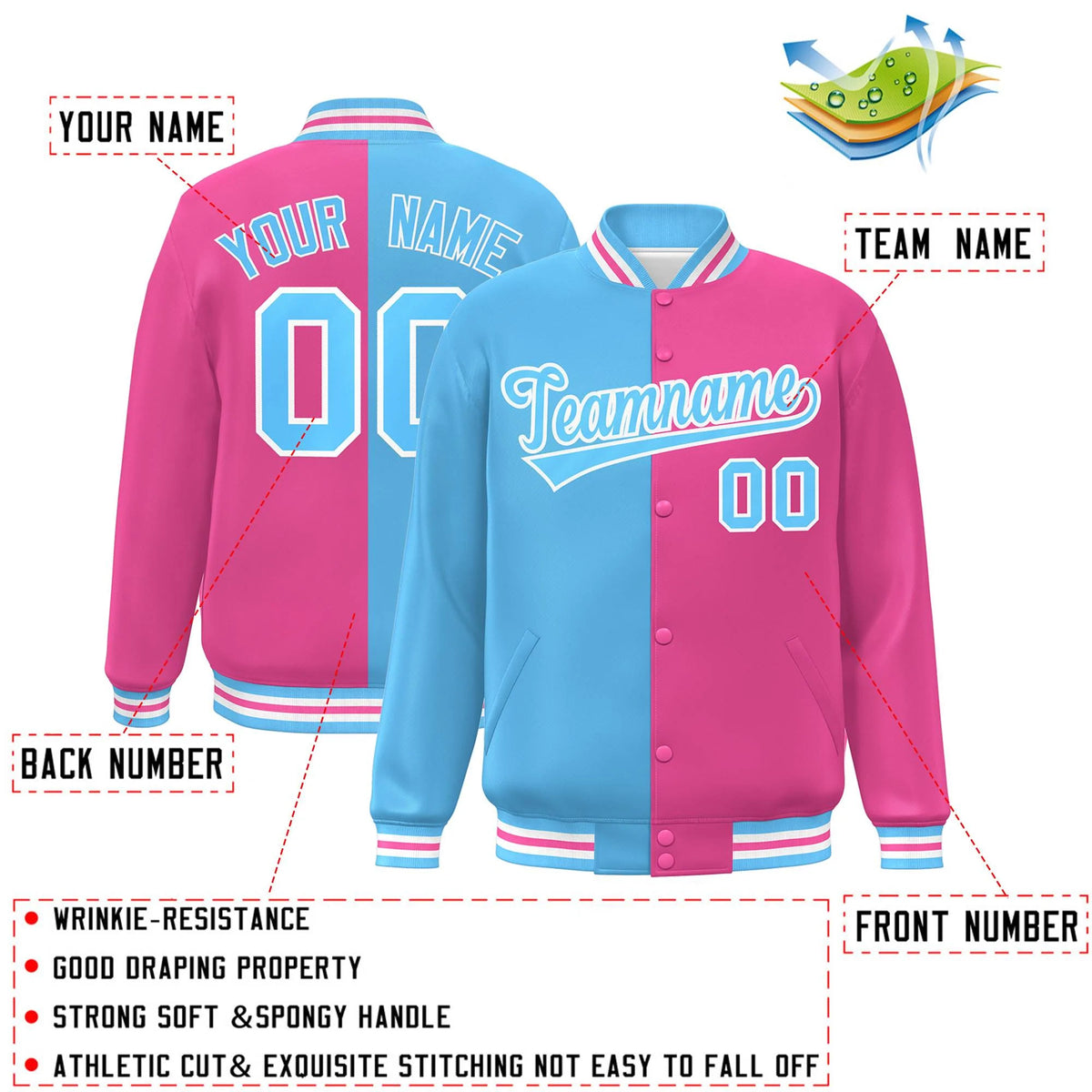 Custom Pink Powder Blue-White Letterman Two Tone Split Fashion Varsity Full-Snap Jacket