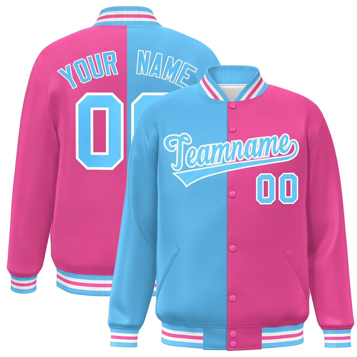 Custom Pink Powder Blue-White Letterman Two Tone Split Fashion Varsity Full-Snap Jacket