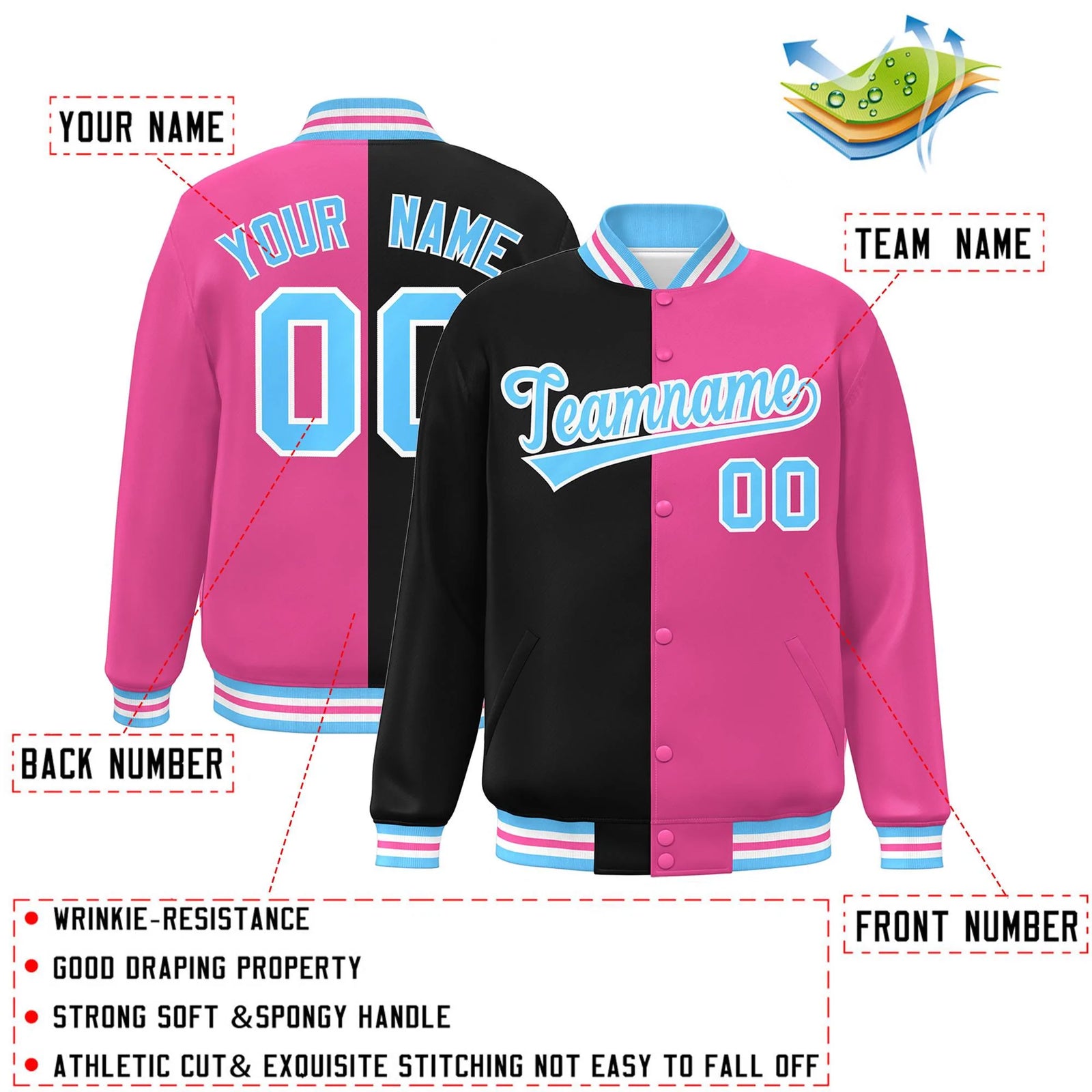 Custom Pink Black-Powder Blue Letterman Two Tone Split Fashion Varsity Full-Snap Jacket