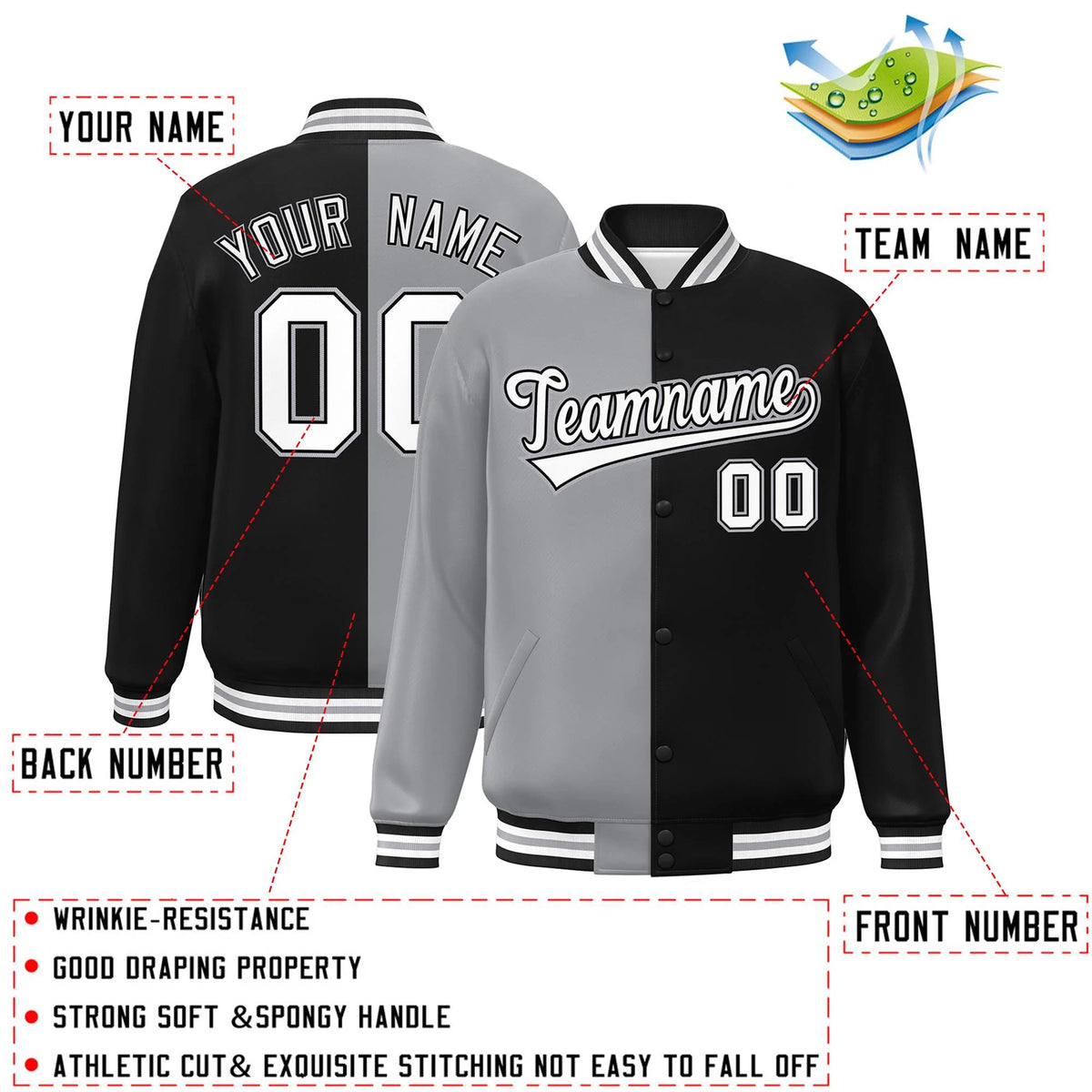 Custom Black Gray-White Letterman Two Tone Split Fashion Varsity Full-Snap Jacket