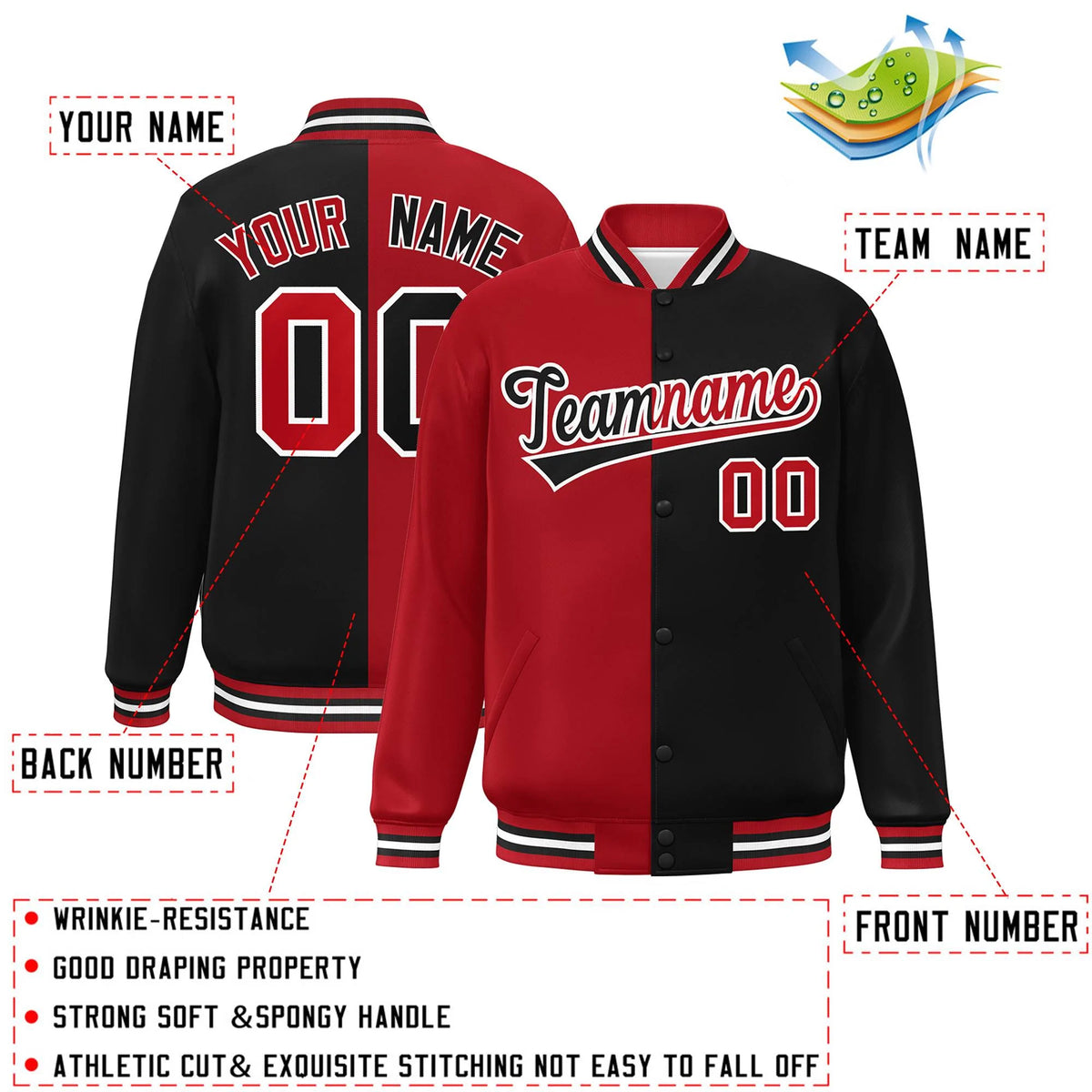 Custom Black Red-White Letterman Two Tone Split Fashion Varsity Full-Snap Jacket