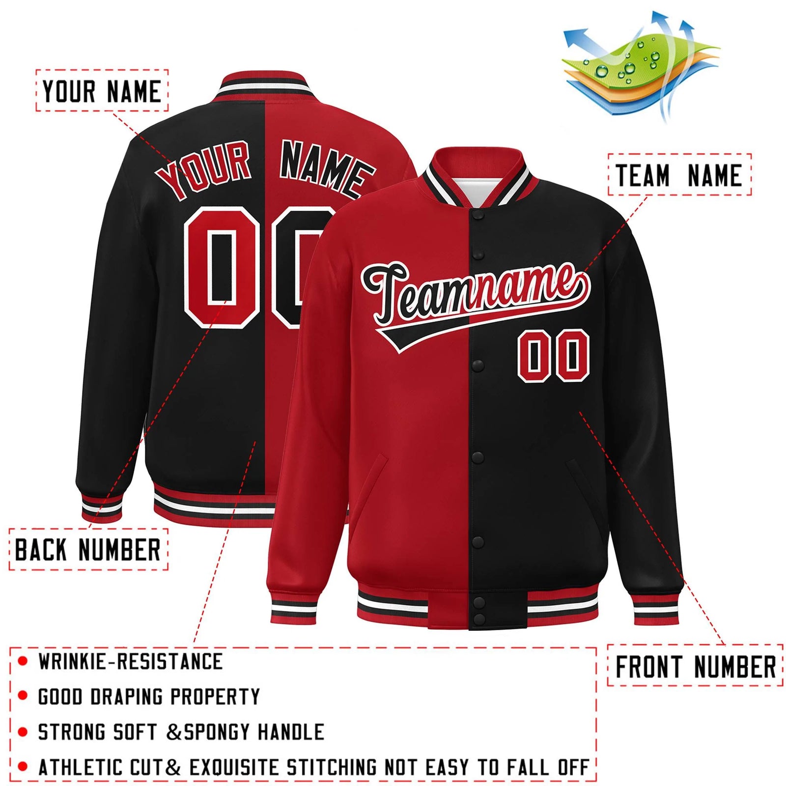 Custom Black Red-White Letterman Two Tone Split Fashion Varsity Full-Snap Jacket