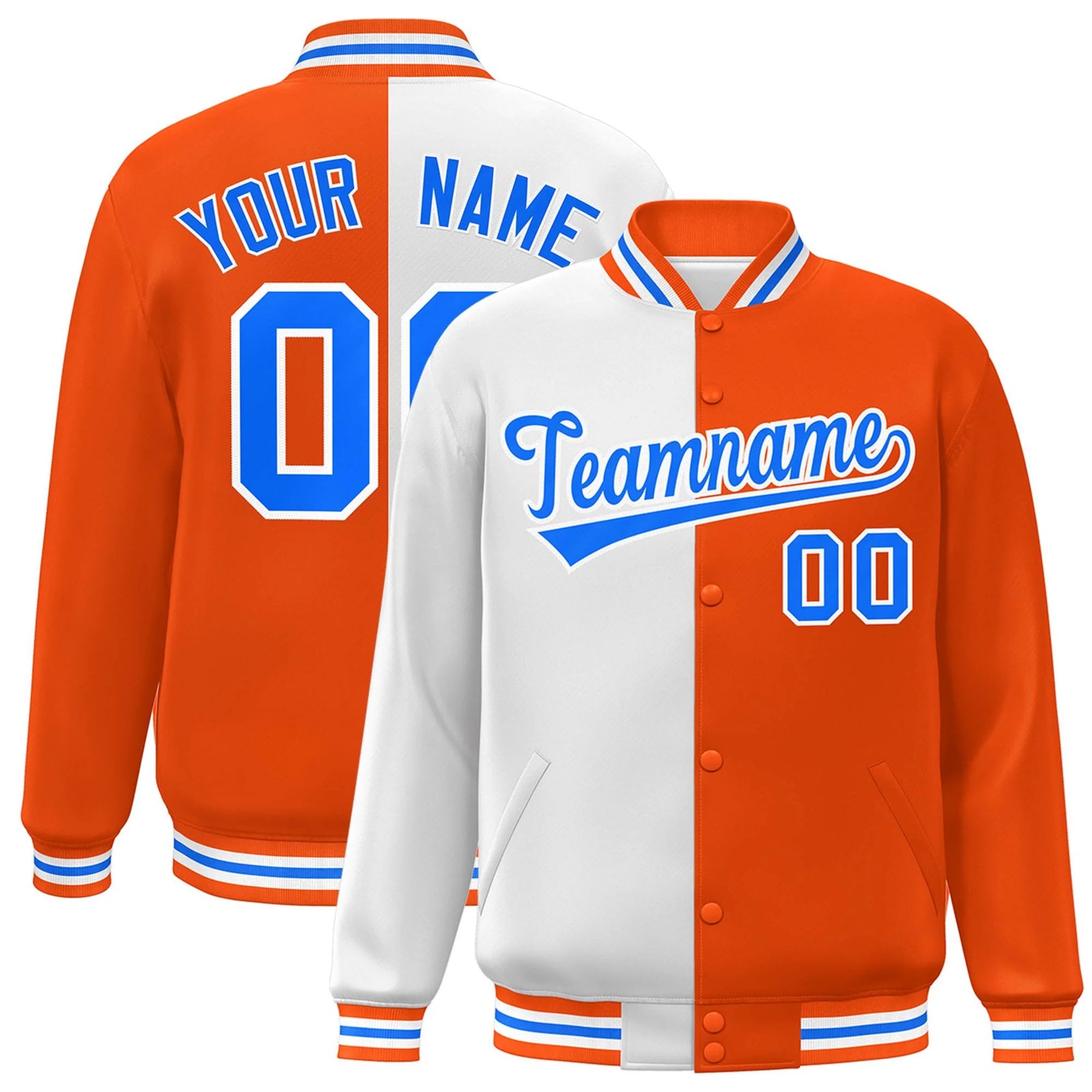 Custom Orange White-Powder Blue Letterman Two Tone Split Fashion Varsity Full-Snap Jacket