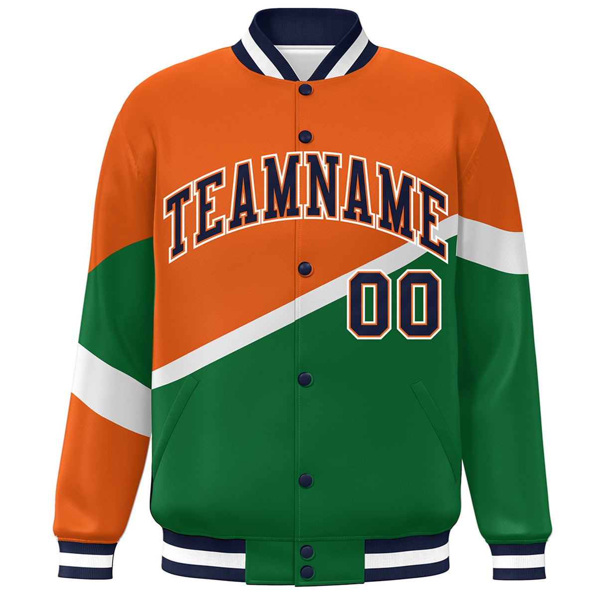 Custom Orange Kelly Green Navy-Orange Color Block Bomber Varsity Baseball Jacket