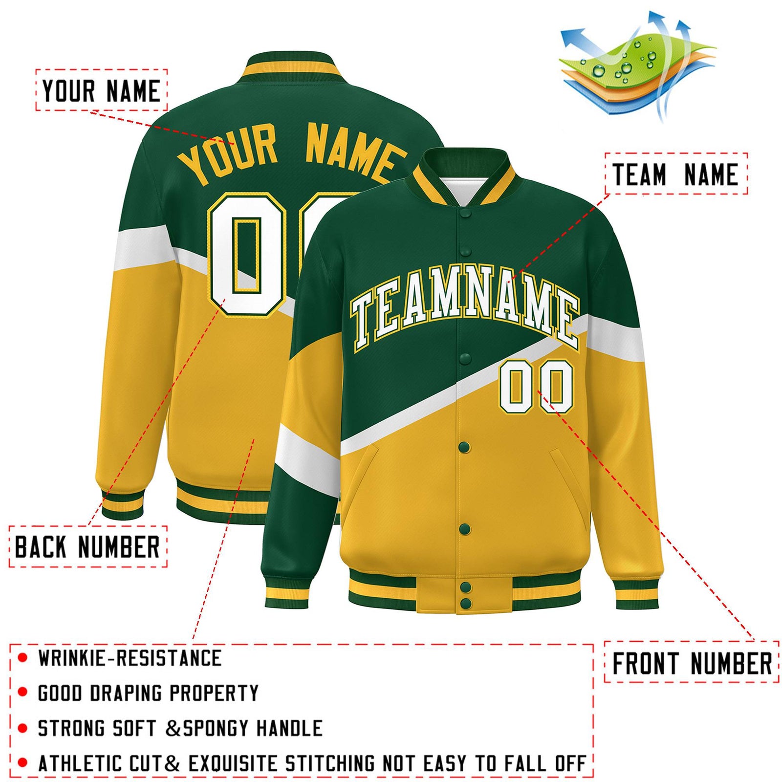 Custom Green Gold White-Green Color Block Bomber Varsity Baseball Jacket