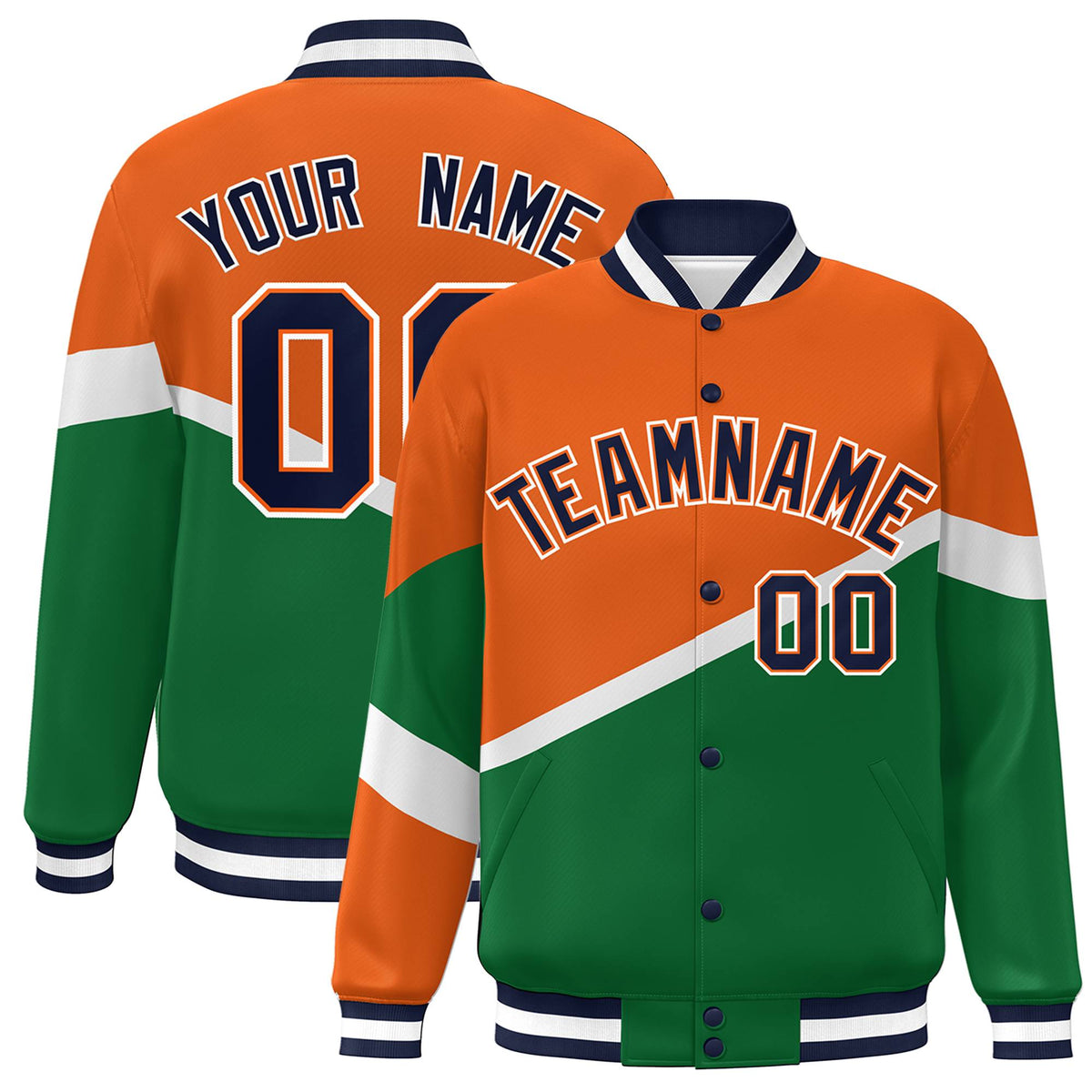 Custom Orange Kelly Green Navy-Orange Color Block Bomber Varsity Baseball Jacket