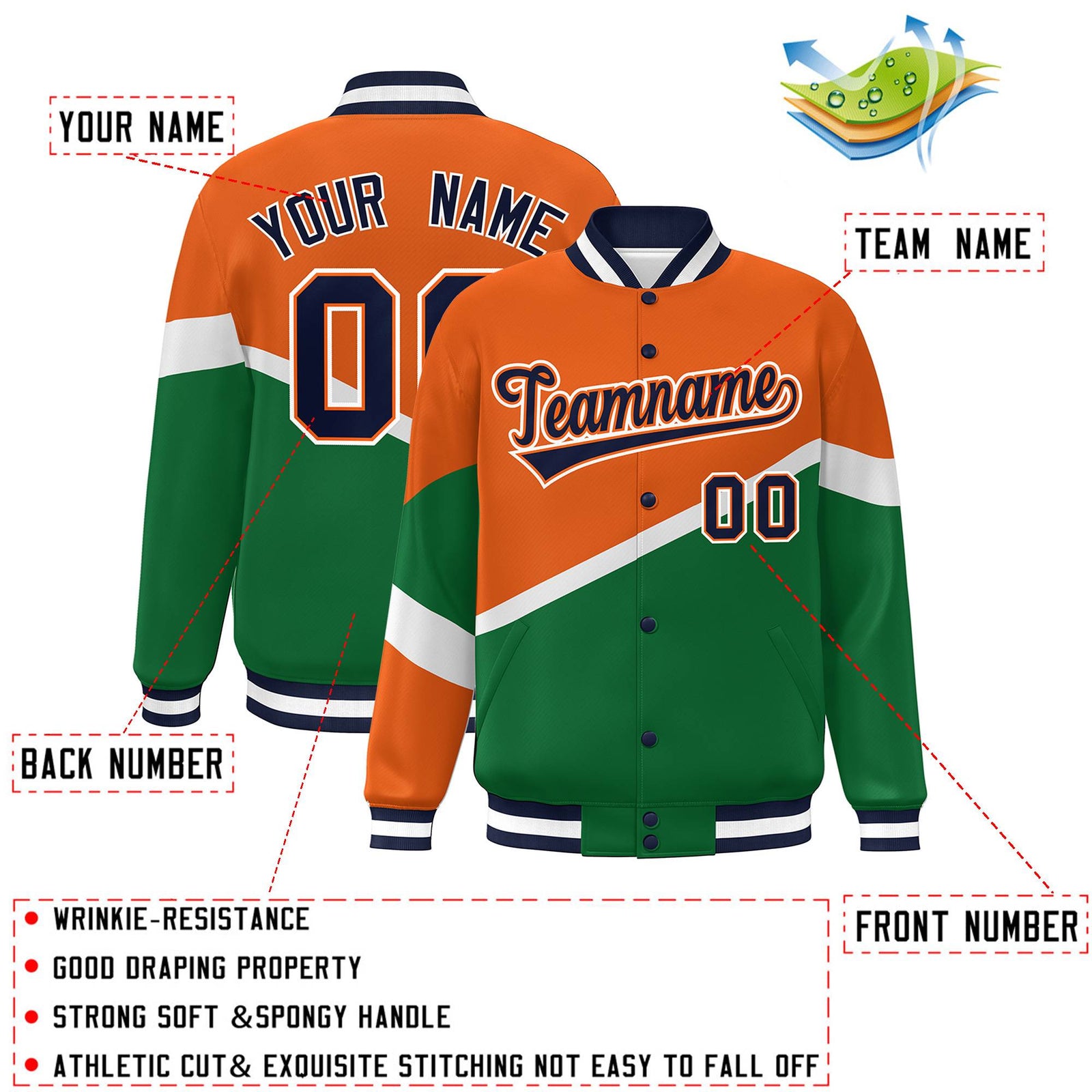 Custom Orange Kelly Green Navy-Orange Color Block Bomber Varsity Baseball Jacket