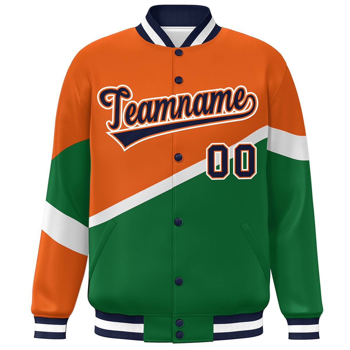 Custom Orange Kelly Green Navy-Orange Color Block Bomber Varsity Baseball Jacket