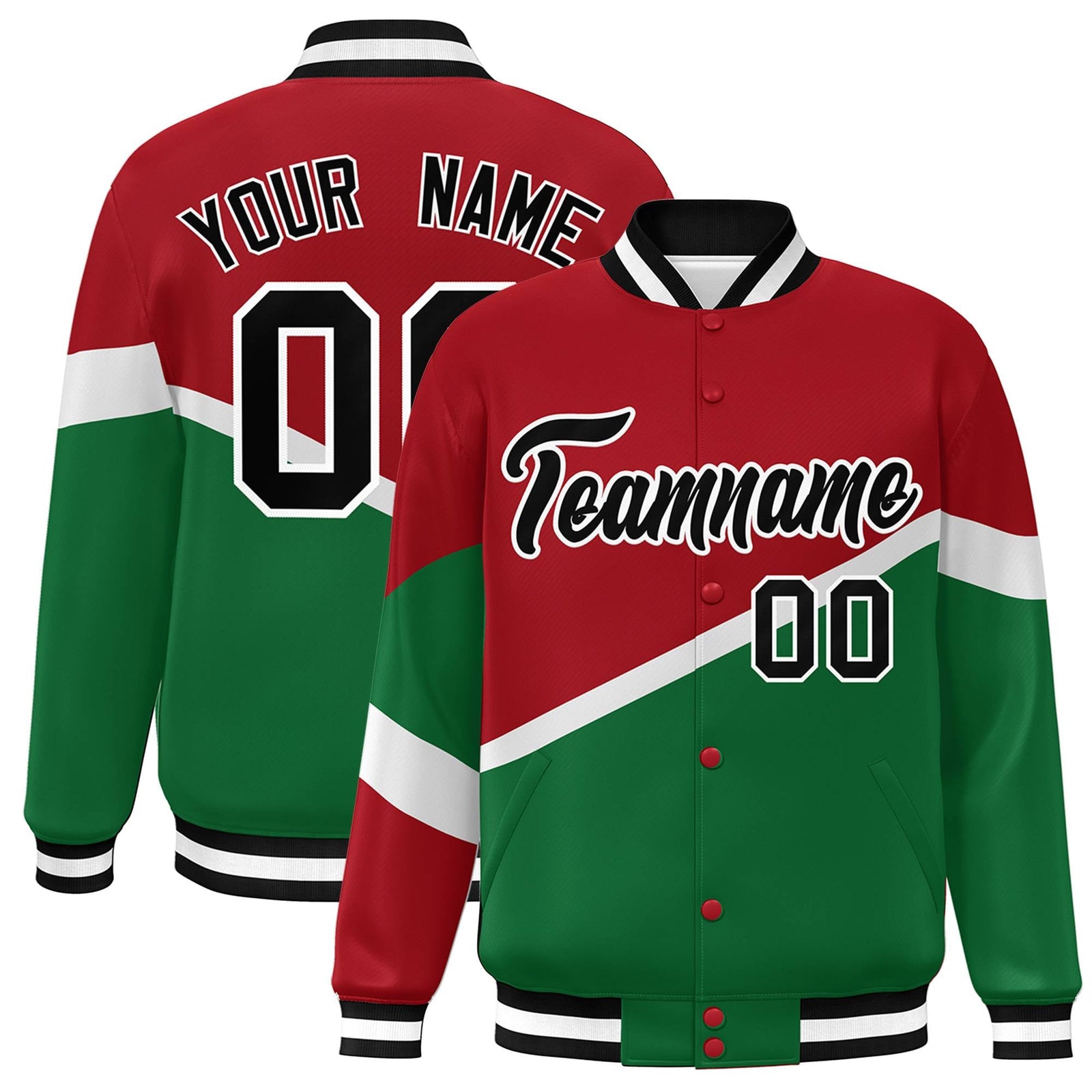 Custom Red Kelly Green Black-White Color Block Bomber Varsity Baseball Jacket