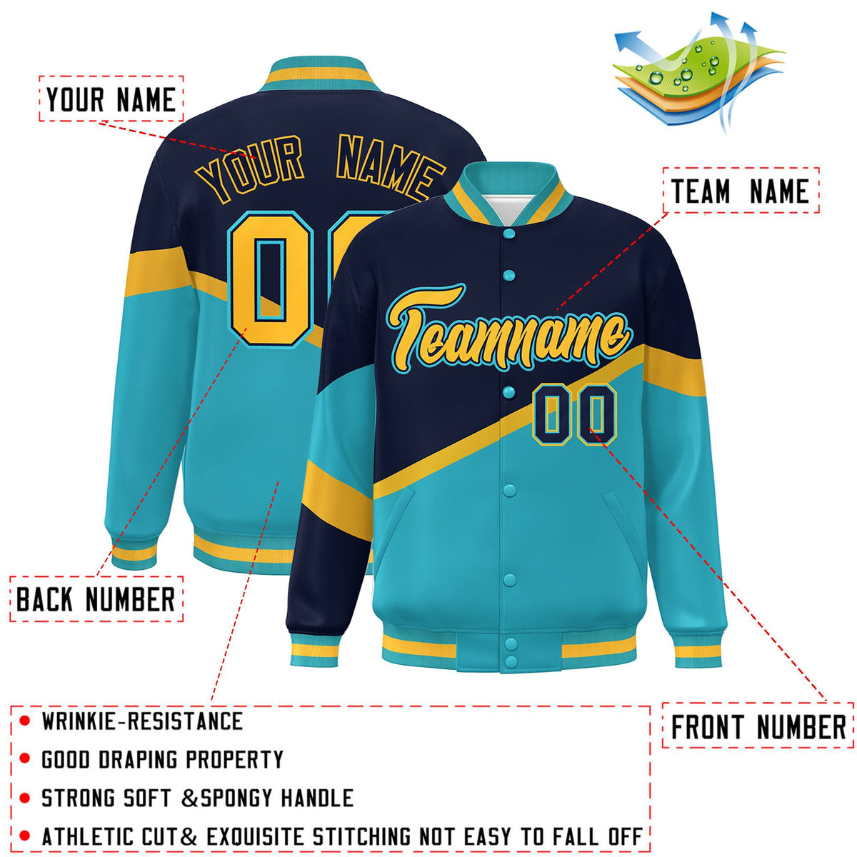 Custom Navy Light Blue Gold-Navy Color Block Bomber Varsity Baseball Jacket