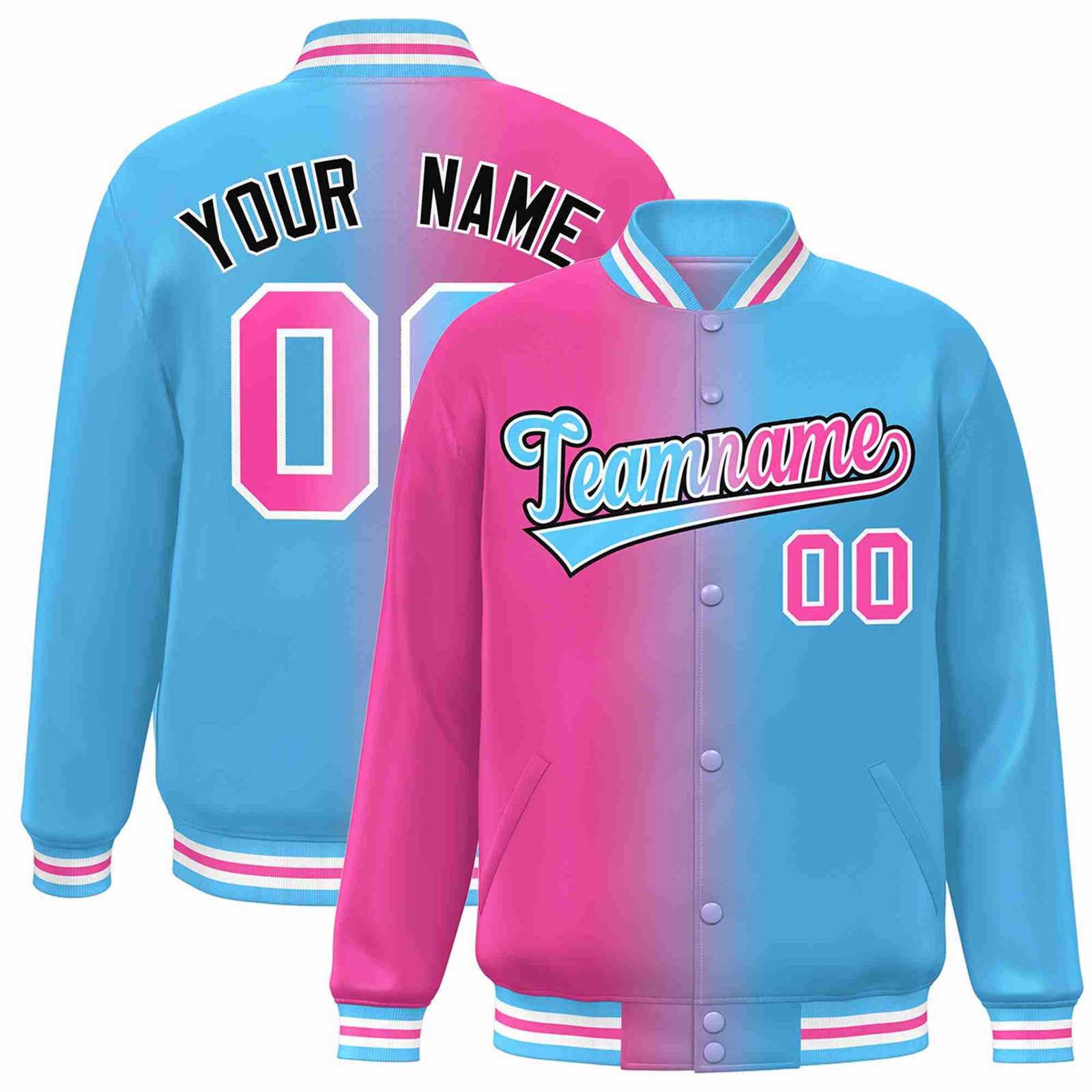 Custom Pink Powder Blue-Black Gradient Fashion Letterman Bomber Varsity Jacket