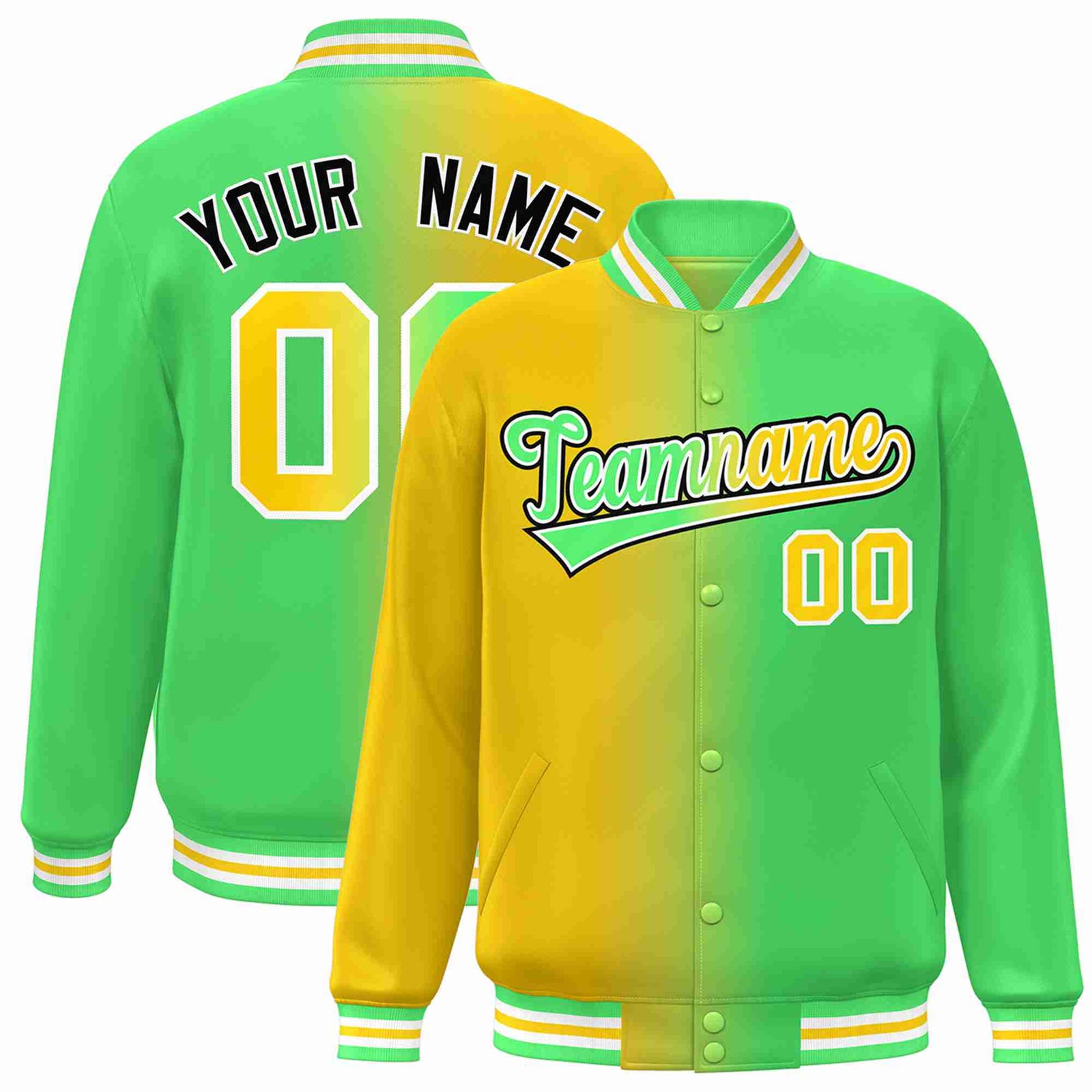 Custom Yellow Neon Green-White Gradient Fashion Letterman Bomber Varsity Jacket