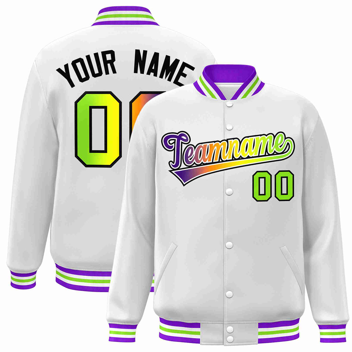 Custom White Purple-White Gradient Fashion Letterman Bomber Varsity Jacket
