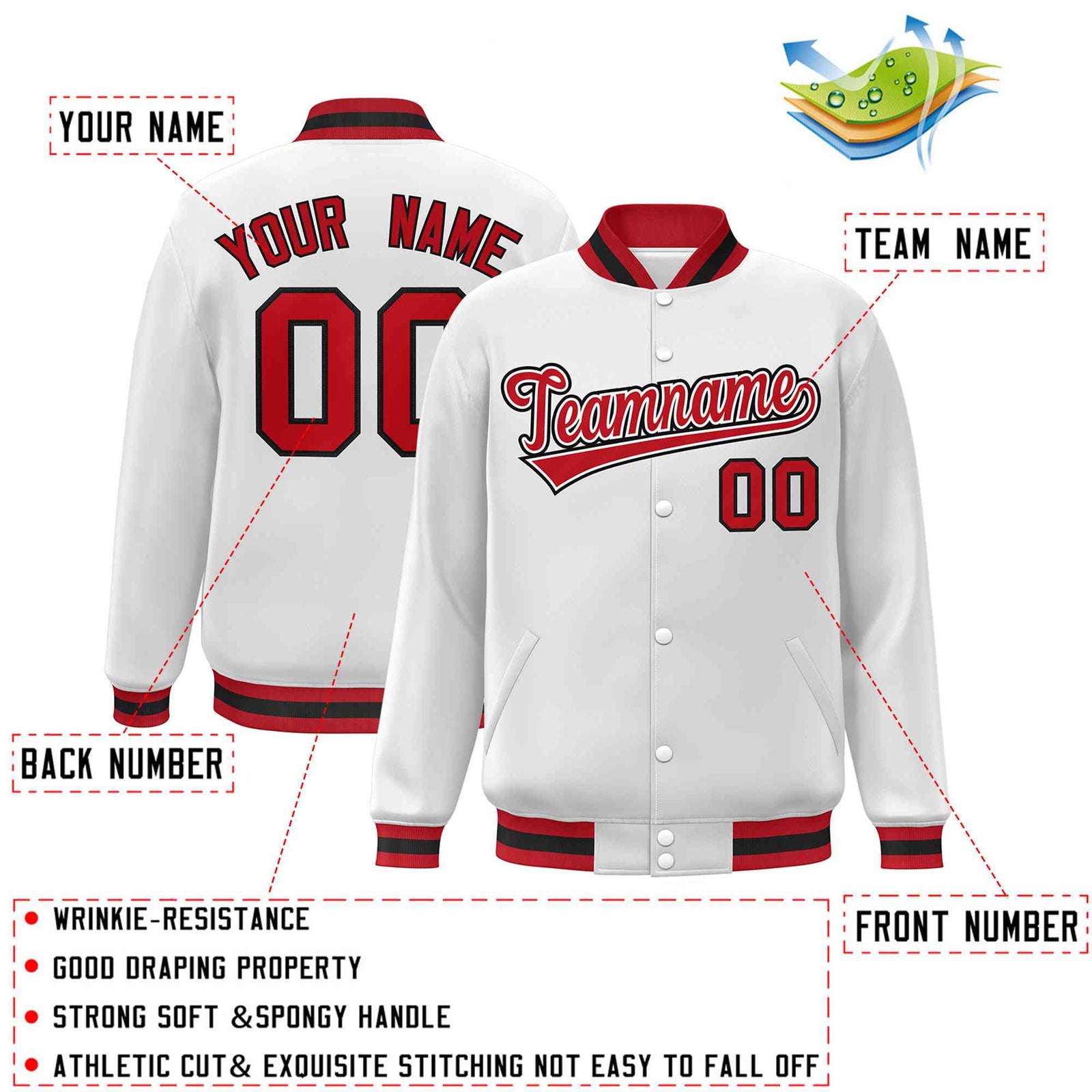 Custom White Red-White Classic Style Varsity Full-Snap Letterman Jacket