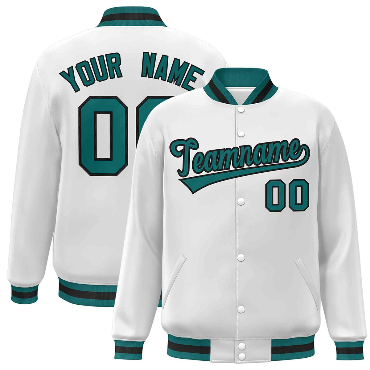 Custom White Aqua-Black Classic Style Varsity Full-Snap Letterman Jacket