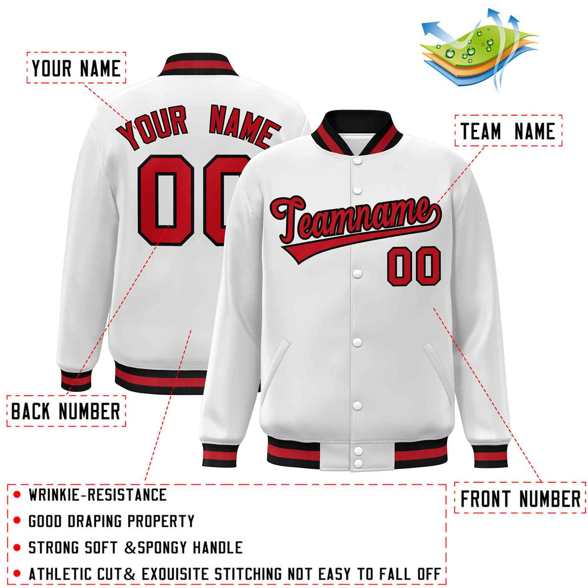 Custom White Red-Black Classic Style Varsity Full-Snap Letterman Jacket