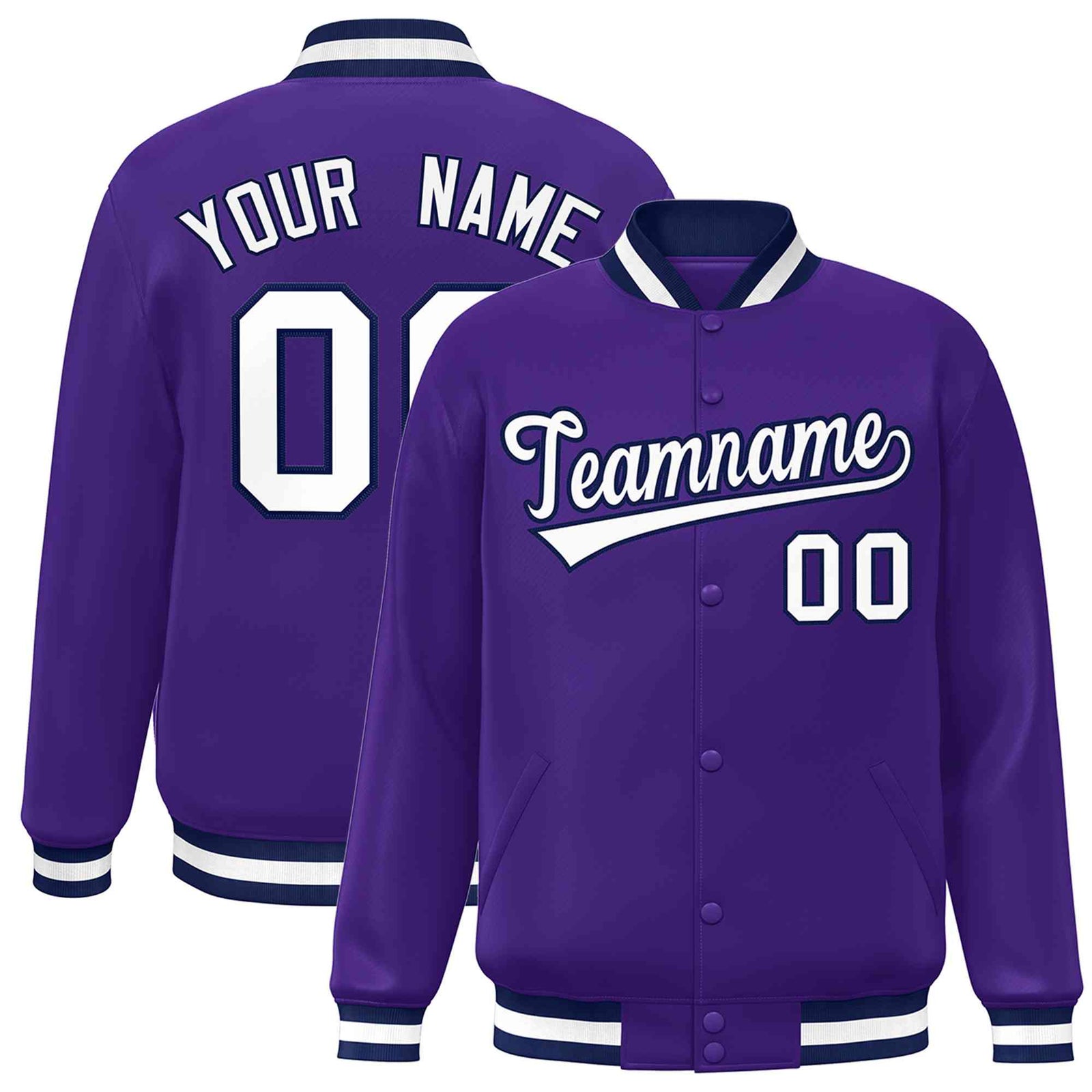 Custom Purple White-Navy Classic Style Varsity Full-Snap Letterman Jacket