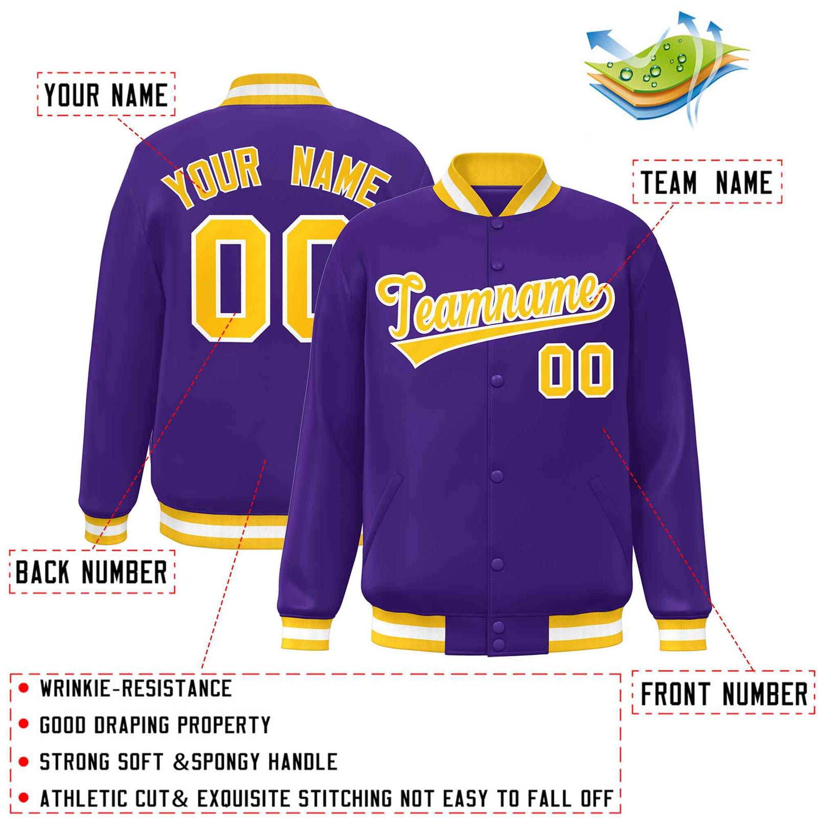Custom Purple Gold-White Classic Style Varsity Full-Snap Letterman Jacket