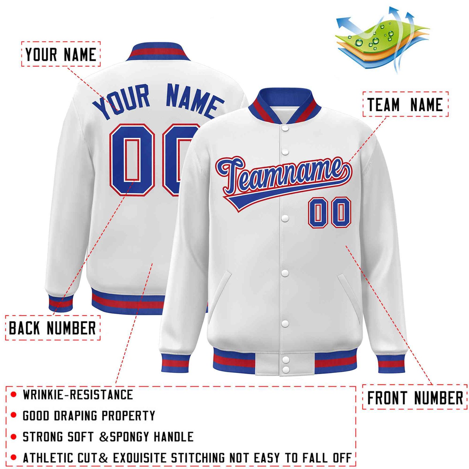 Custom White Royal-White Classic Style Varsity Full-Snap Letterman Jacket