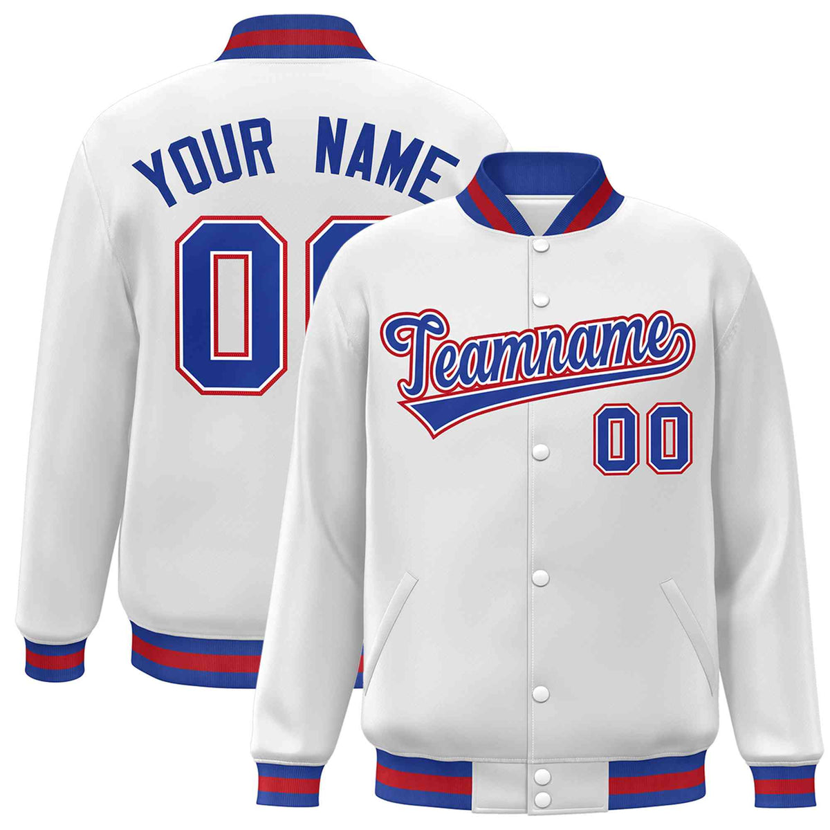 Custom White Royal-White Classic Style Varsity Full-Snap Letterman Jacket