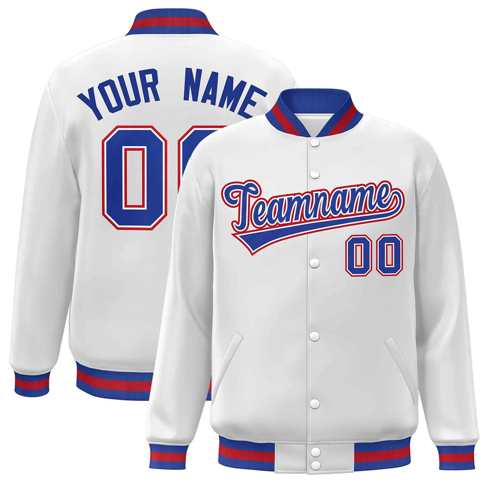 Custom White Royal-White Classic Style Varsity Full-Snap Letterman Jacket