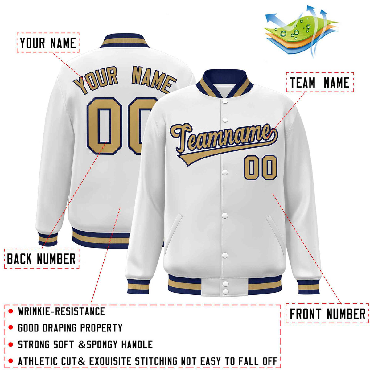 Custom White Old Gold-Navy Classic Style Varsity Full-Snap Letterman Jacket