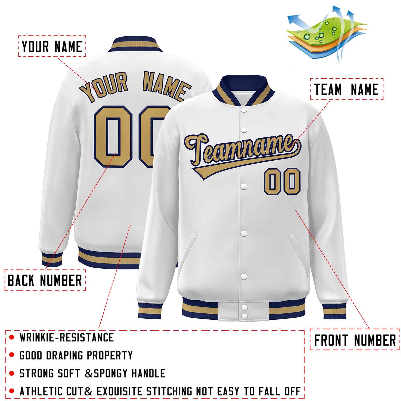 Custom White Old Gold-Navy Classic Style Varsity Full-Snap Letterman Jacket